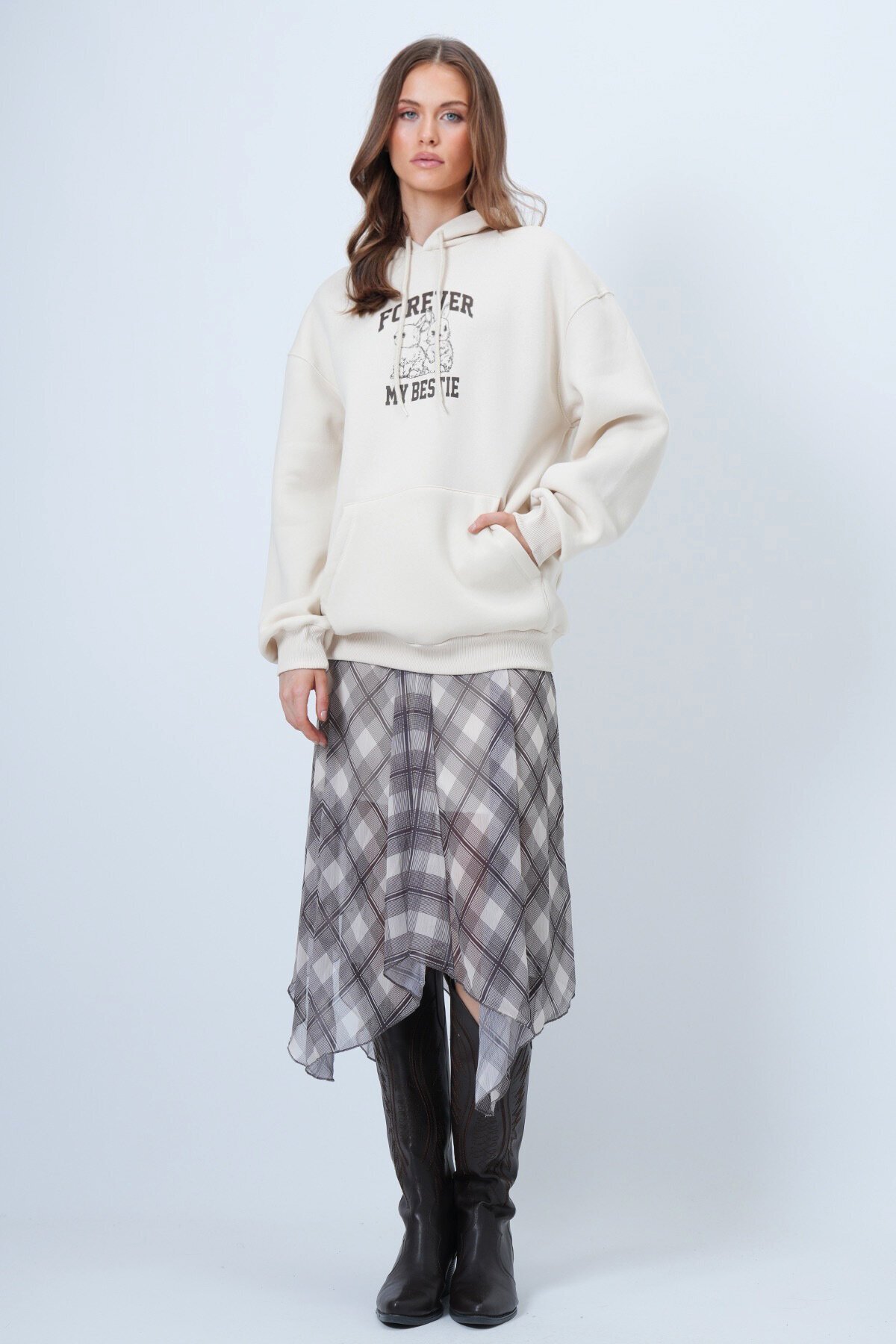 Kapüşonlu Baskılı Kanguru Cepli Uzun Kollu İçi Şardonlu 3 İplik Sweatshirt