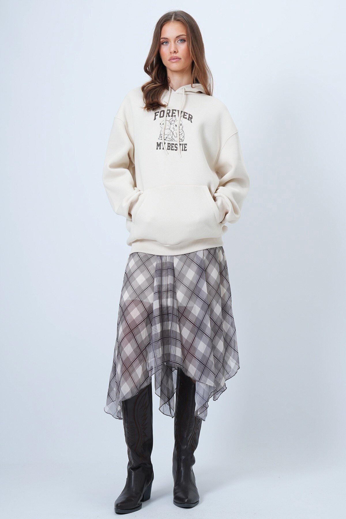 Kapüşonlu Baskılı Kanguru Cepli Uzun Kollu İçi Şardonlu 3 İplik Sweatshirt