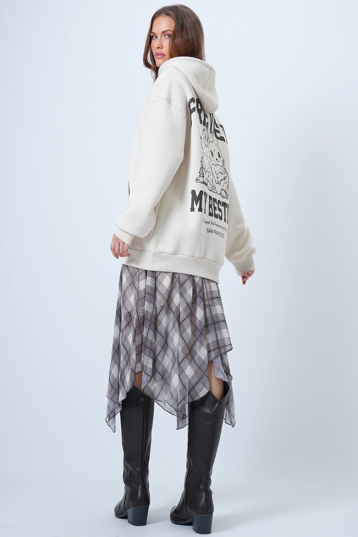 Kapüşonlu Baskılı Kanguru Cepli Uzun Kollu İçi Şardonlu 3 İplik Sweatshirt