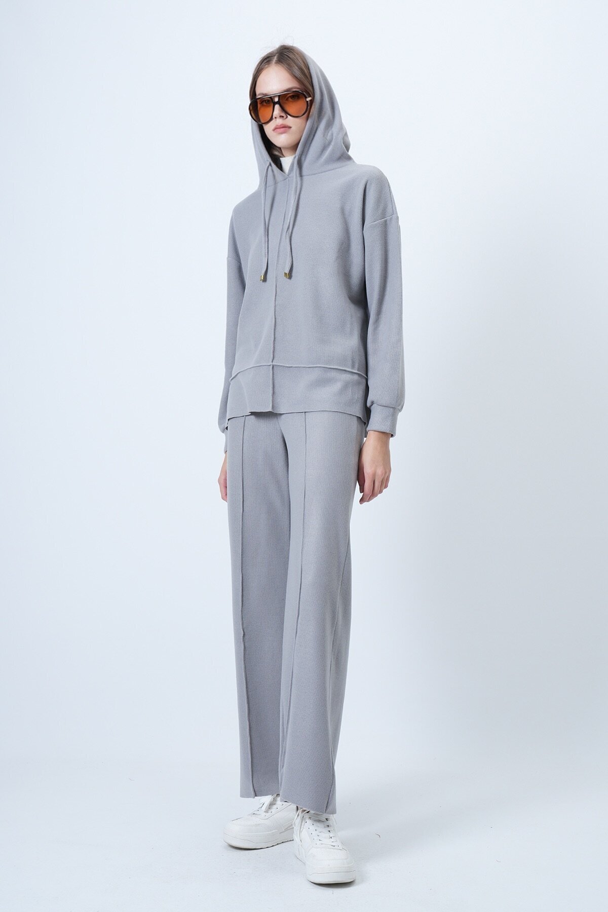 Kapüşonlu Önü Çımalı Sweatshirt Ve Beli Lastikli Palazzo Triko Takım