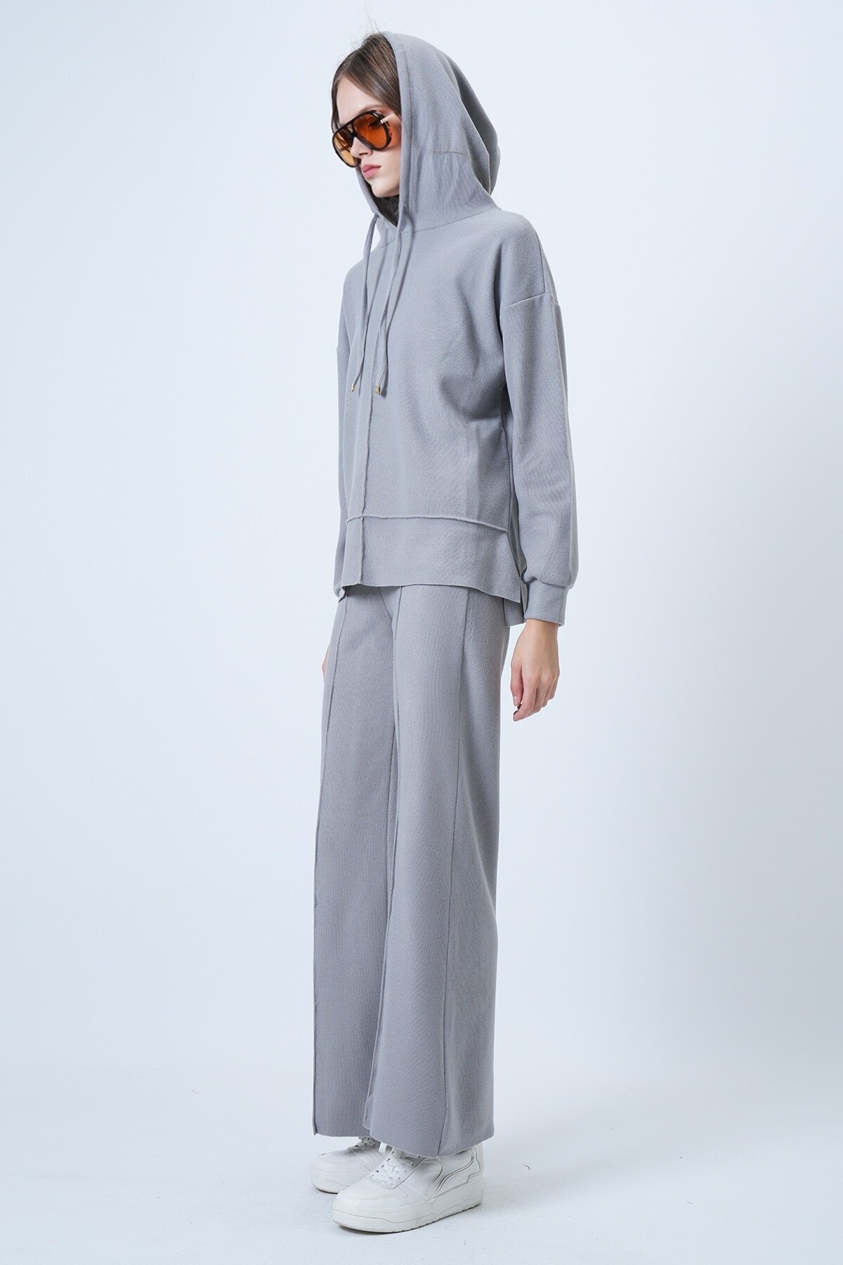 Kapüşonlu Önü Çımalı Sweatshirt Ve Beli Lastikli Palazzo Triko Takım