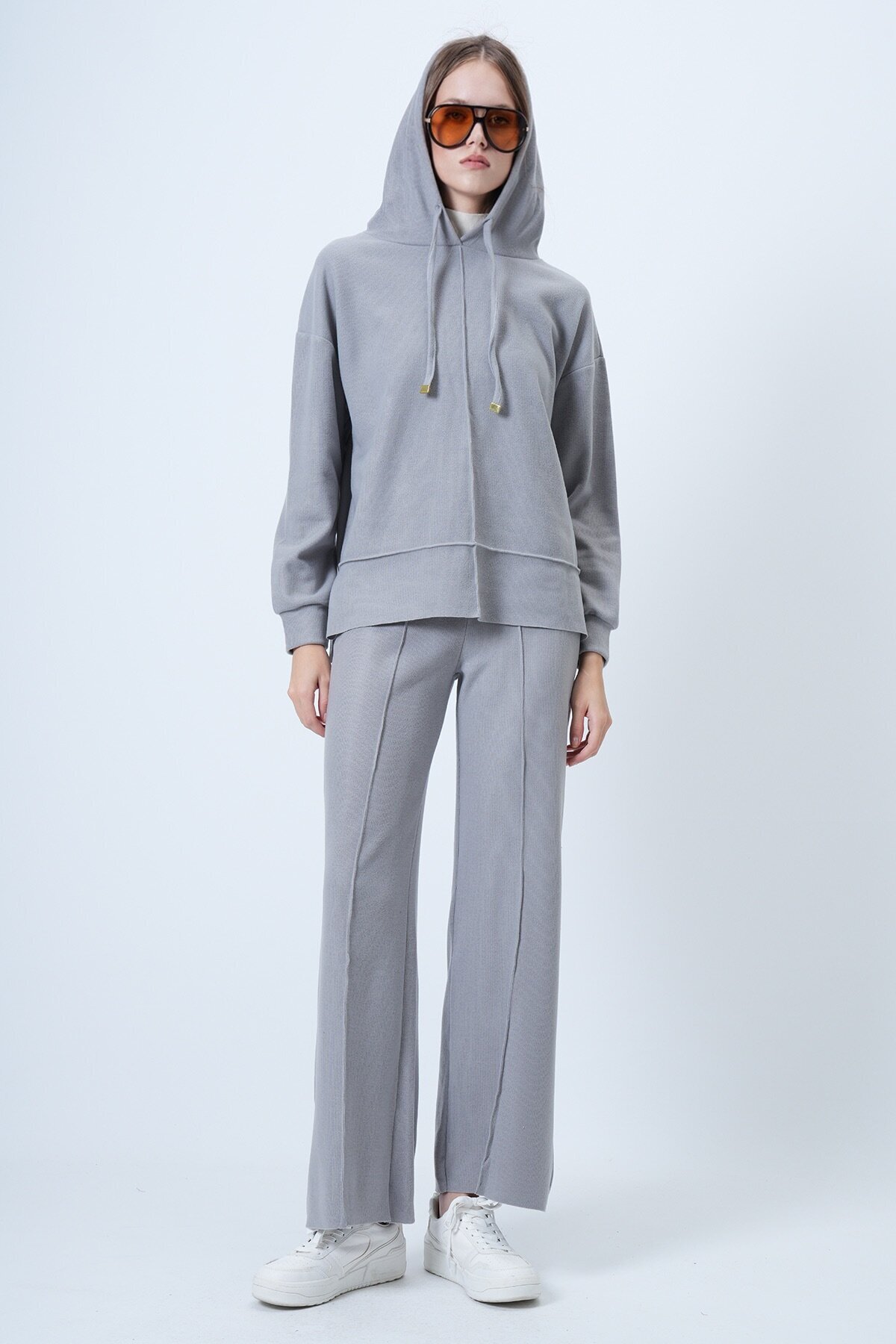 Kapüşonlu Önü Çımalı Sweatshirt Ve Beli Lastikli Palazzo Triko Takım