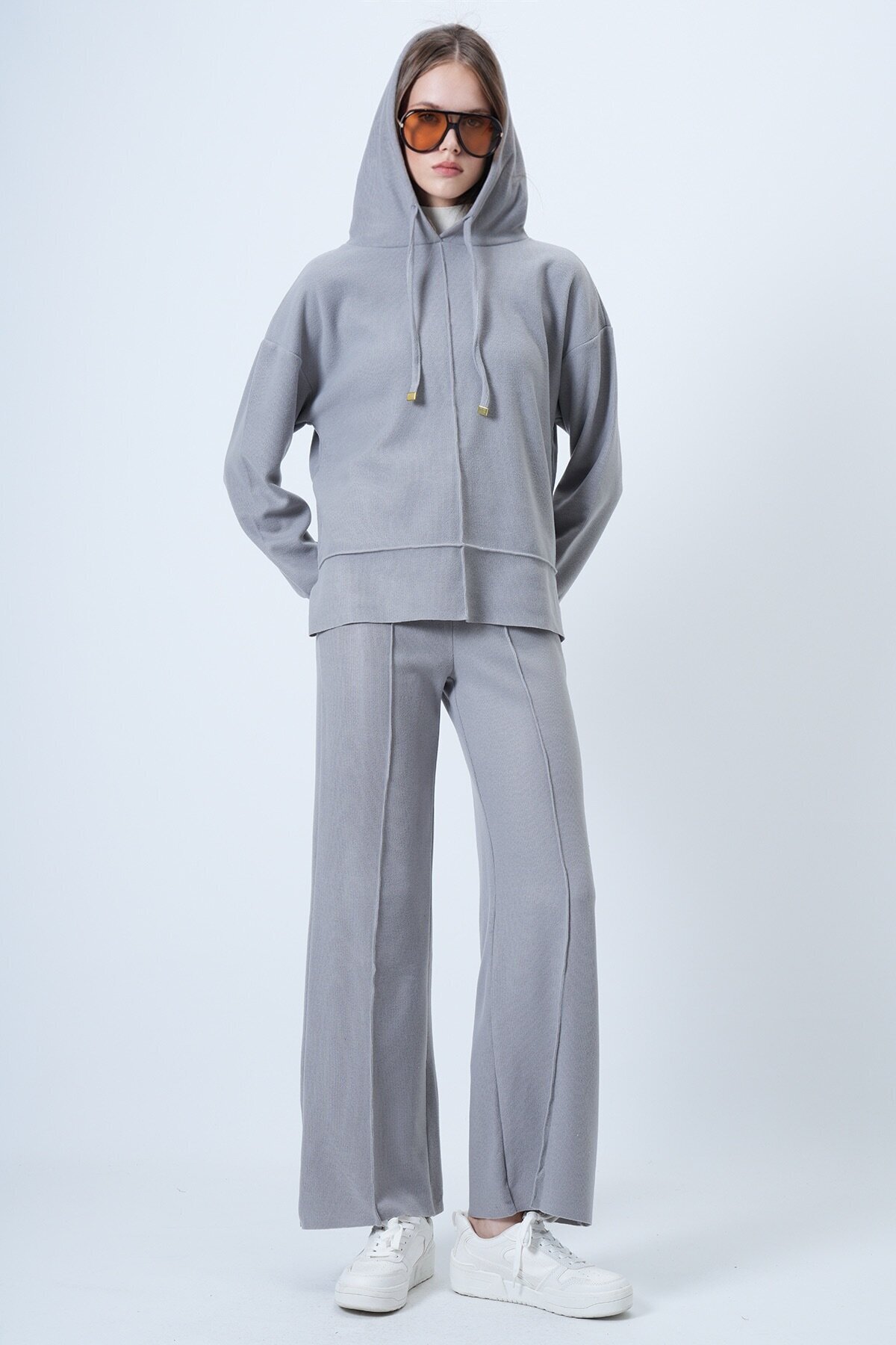 Kapüşonlu Önü Çımalı Sweatshirt Ve Beli Lastikli Palazzo Triko Takım