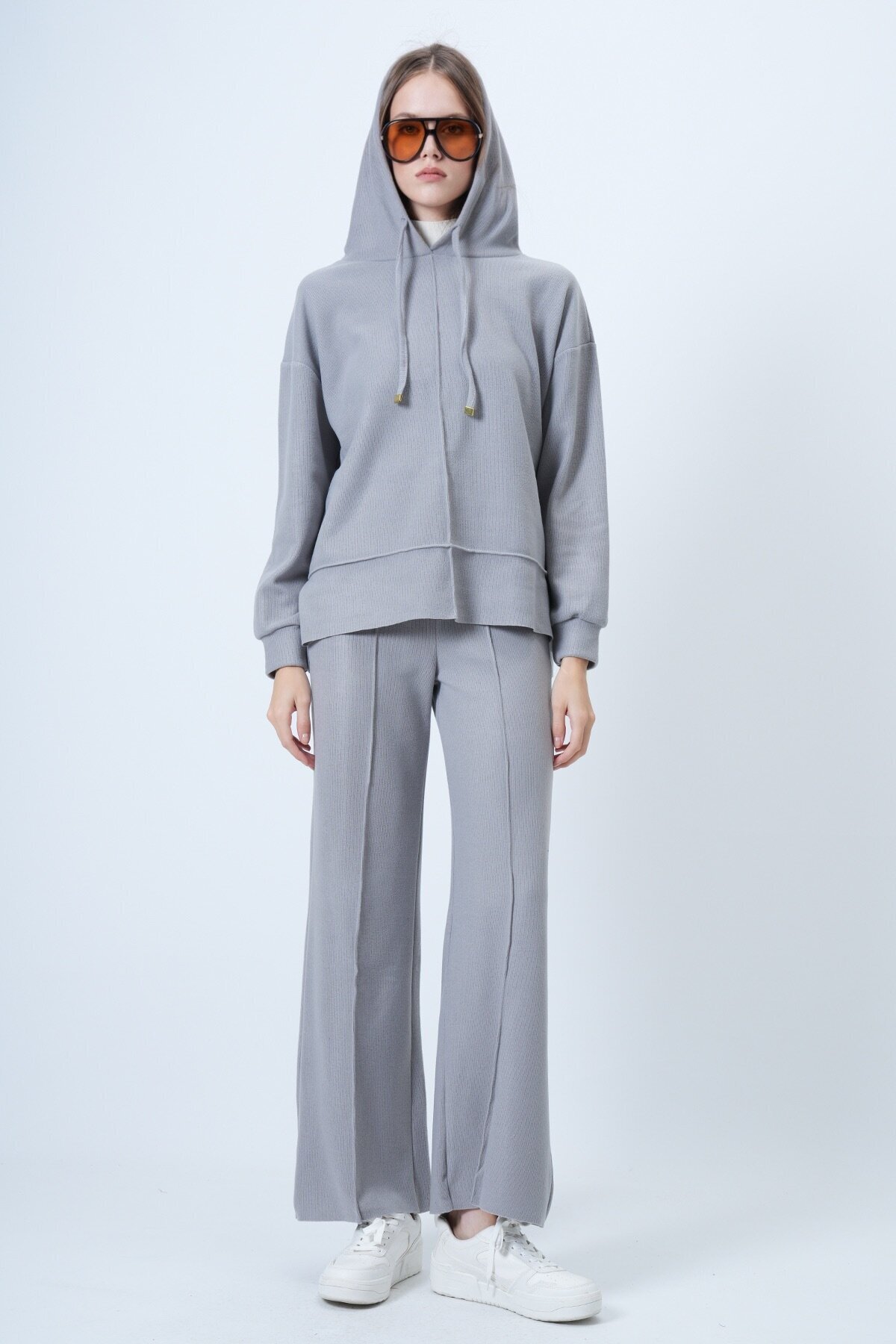 Kapüşonlu Önü Çımalı Sweatshirt Ve Beli Lastikli Palazzo Triko Takım