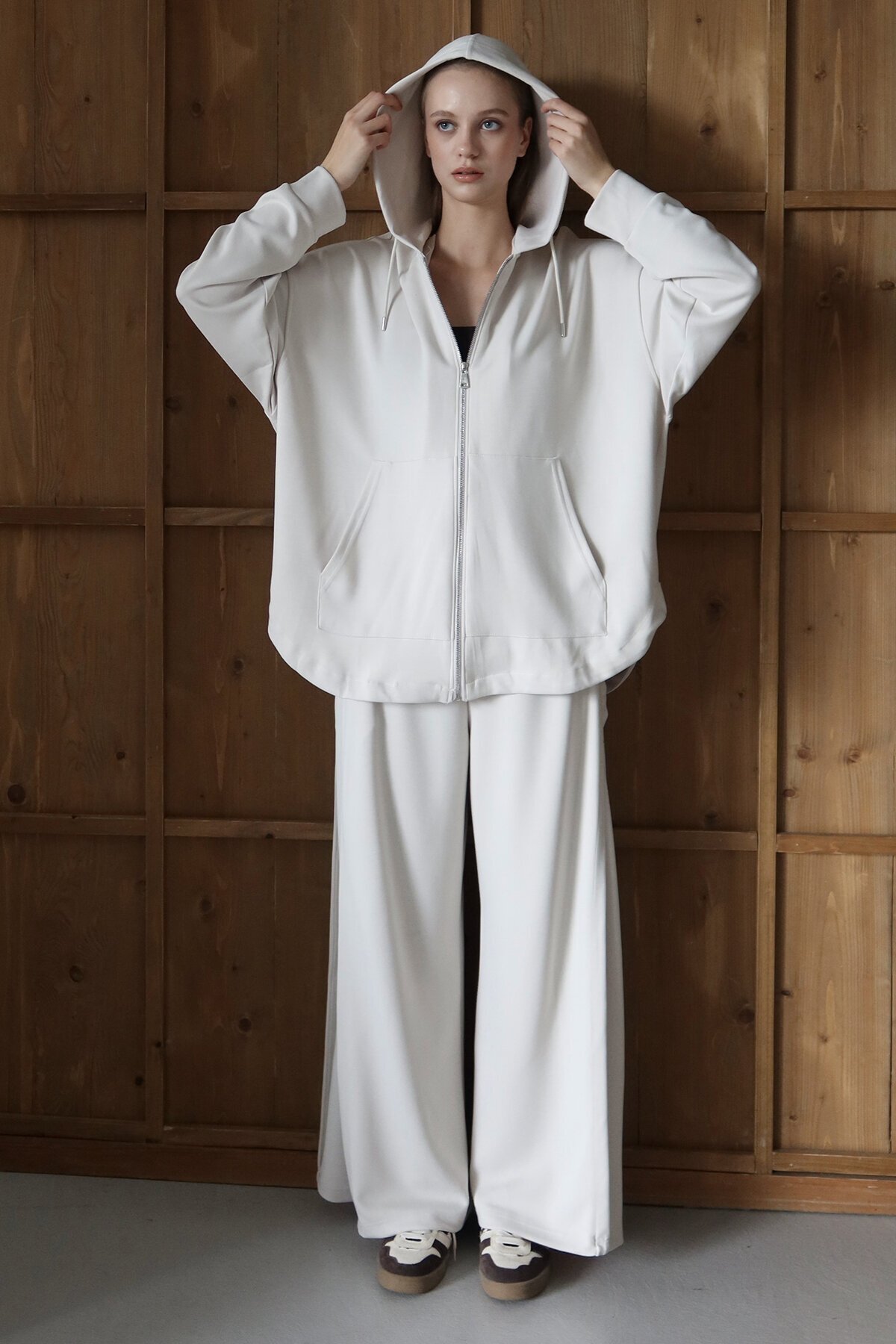 Yüksek Bel Çift Cepli Palazzo Dokuma Pantolon