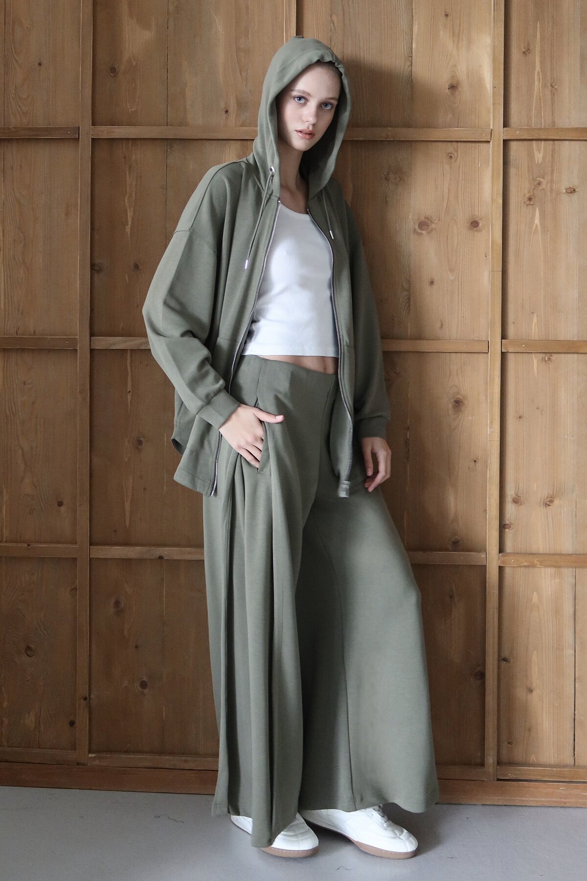 Yüksek Bel Çift Cepli Palazzo Dokuma Pantolon