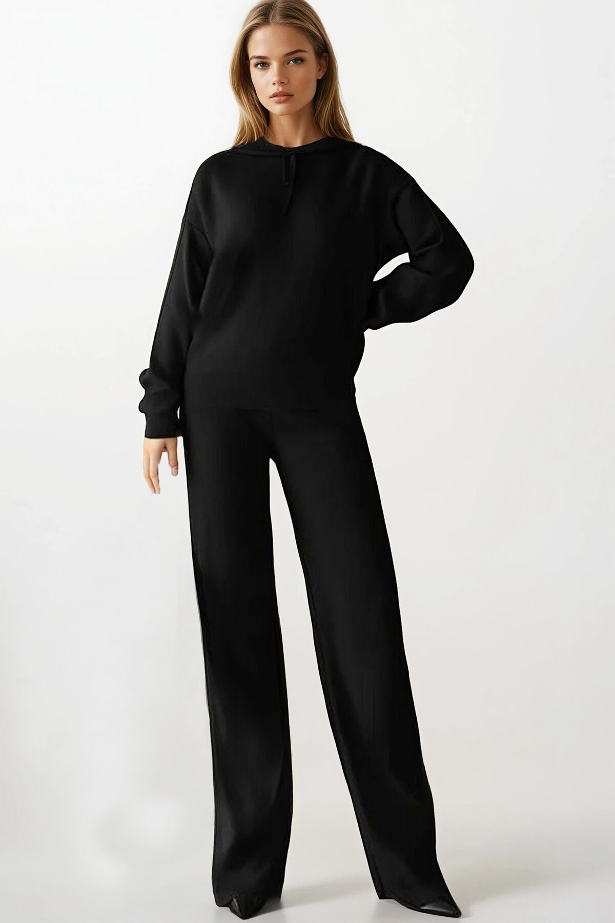 Kapüşonlu Sweatshirt ve Palazzo Pantolon Triko Takım