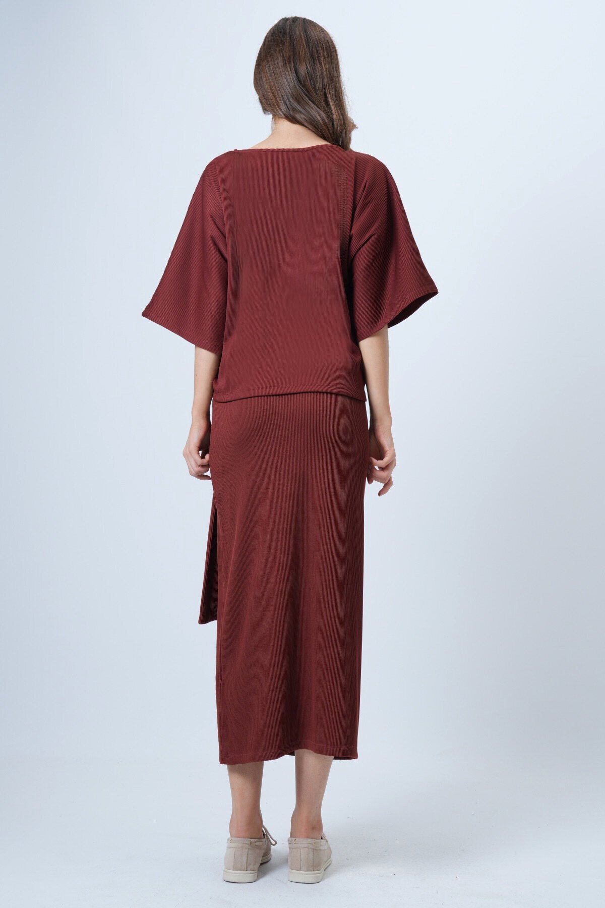 Kayık Yaka  Bluz Ve Bağlama Detaylı Etek Takım