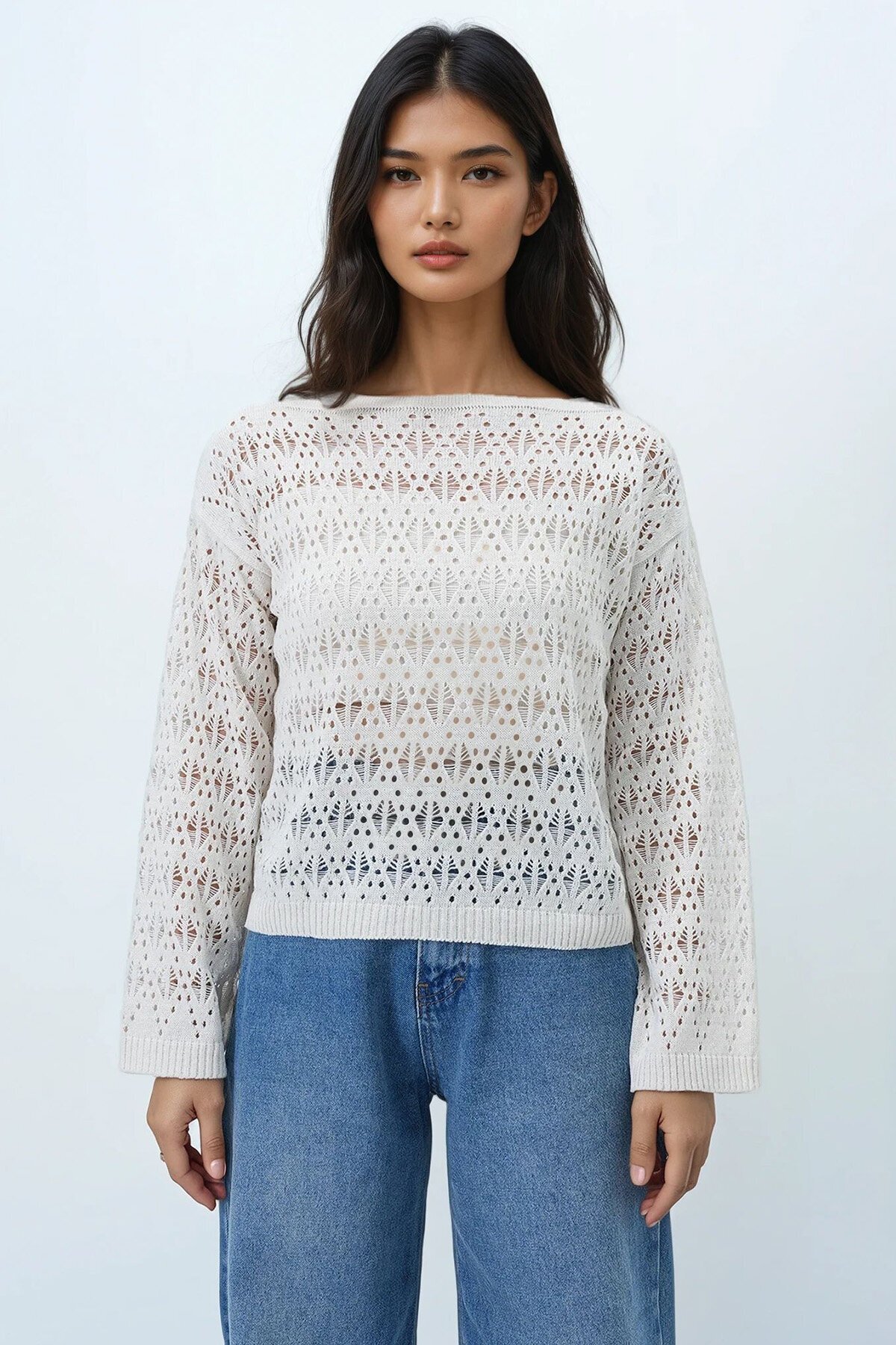 Kayık Yaka Delik Ajurlu Triko Bluz