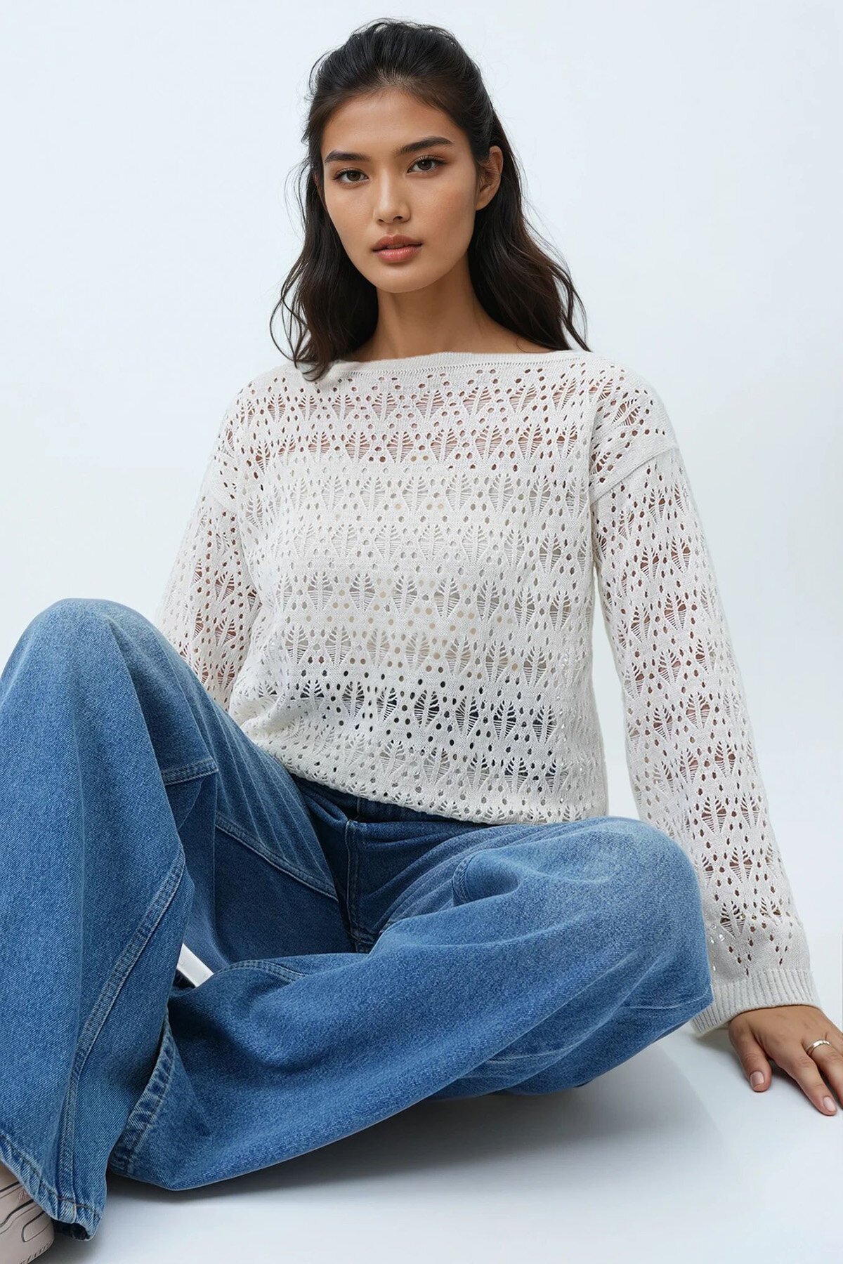 Kayık Yaka Delik Ajurlu Triko Bluz