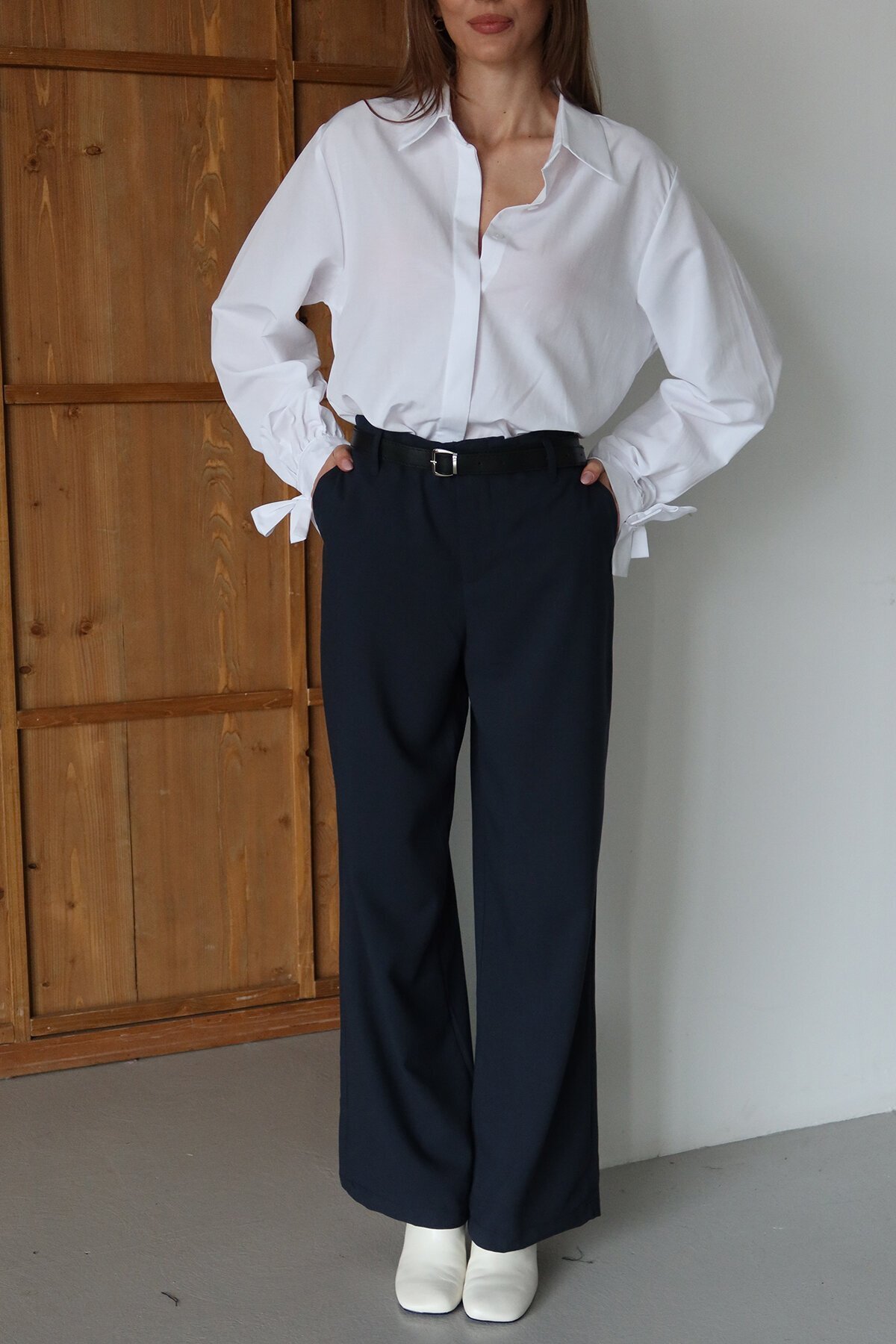 Kemerli Çift Cepli Palazzo Pantolon