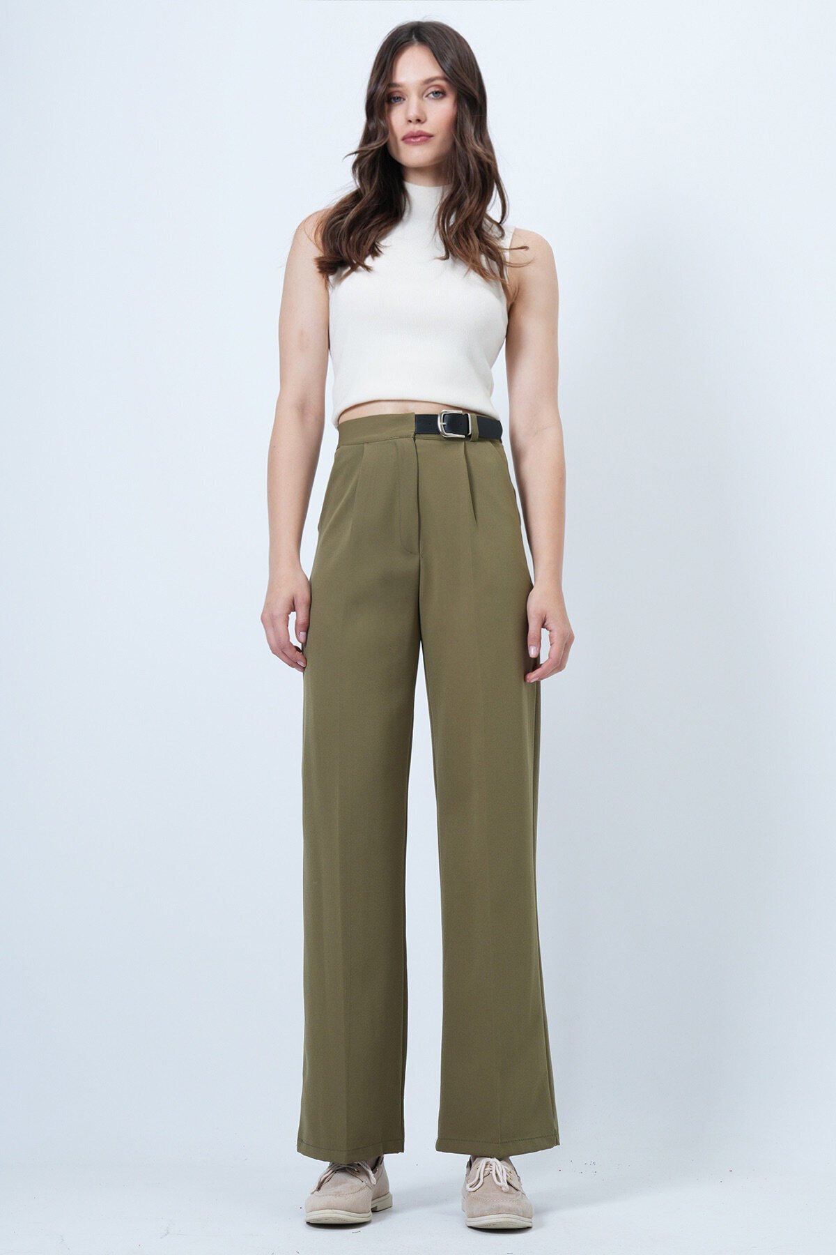 Kemerli Düğme Kapamalı Çift Cepli Palazzo Pantolon