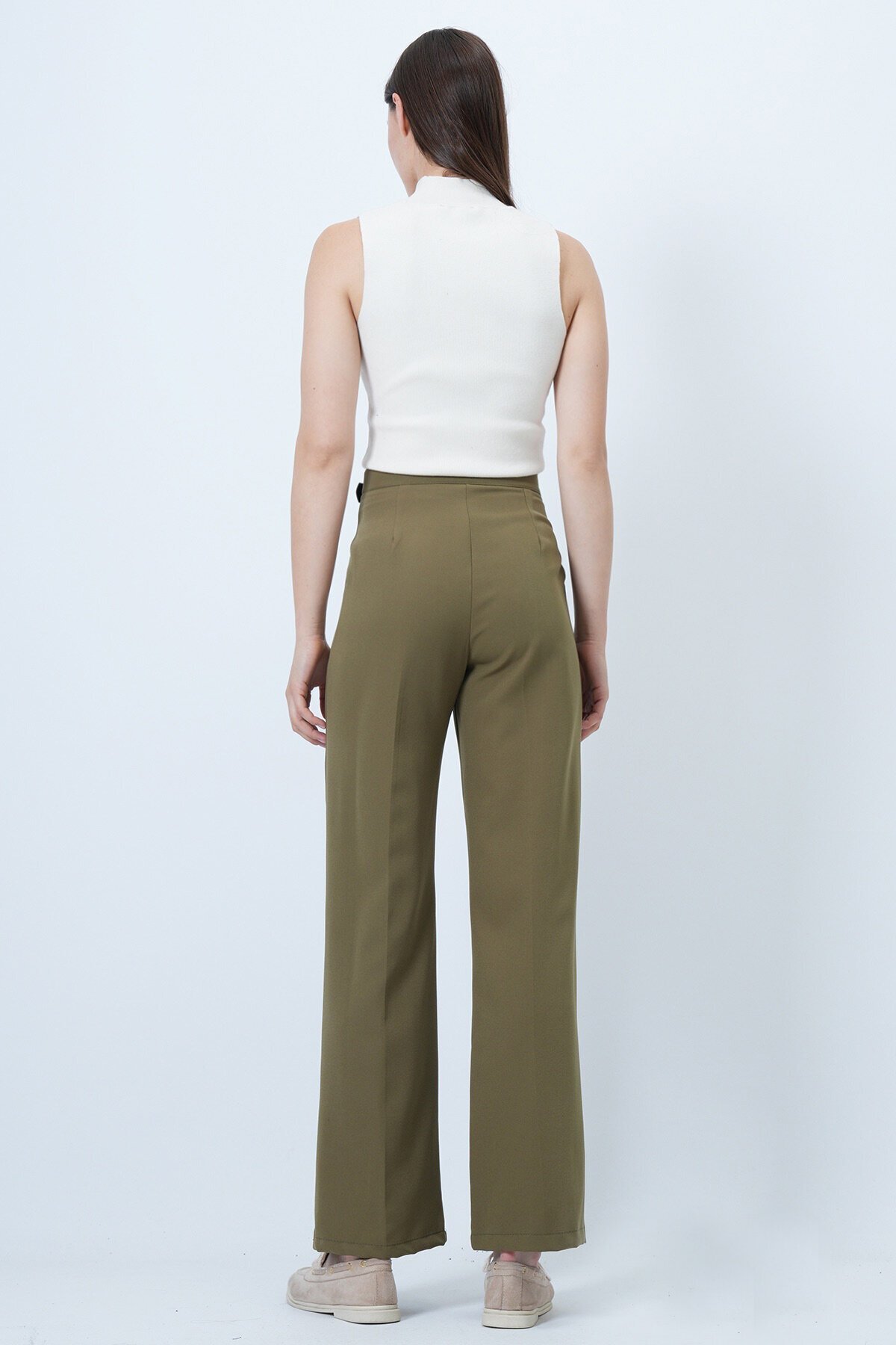 Kemerli Düğme Kapamalı Çift Cepli Palazzo Pantolon