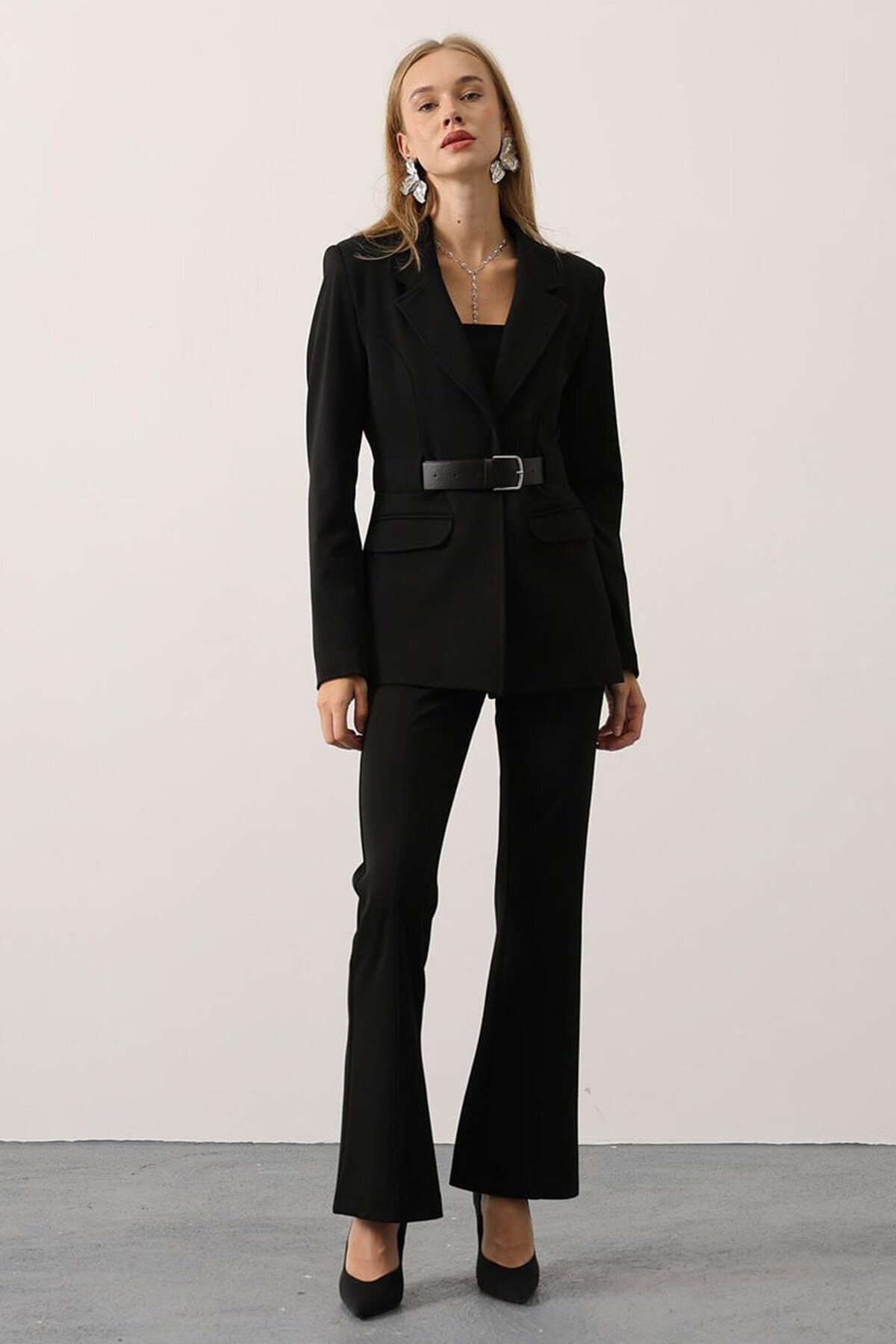 Kemerli Fleto Cepli Dikiş Detaylı Blazer Ceket