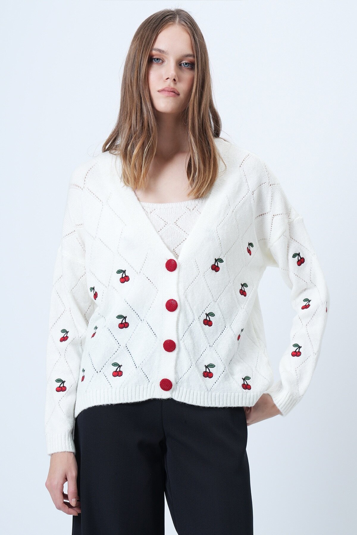 Kiraz Desen Triko Hırka Ve Atlet Takım