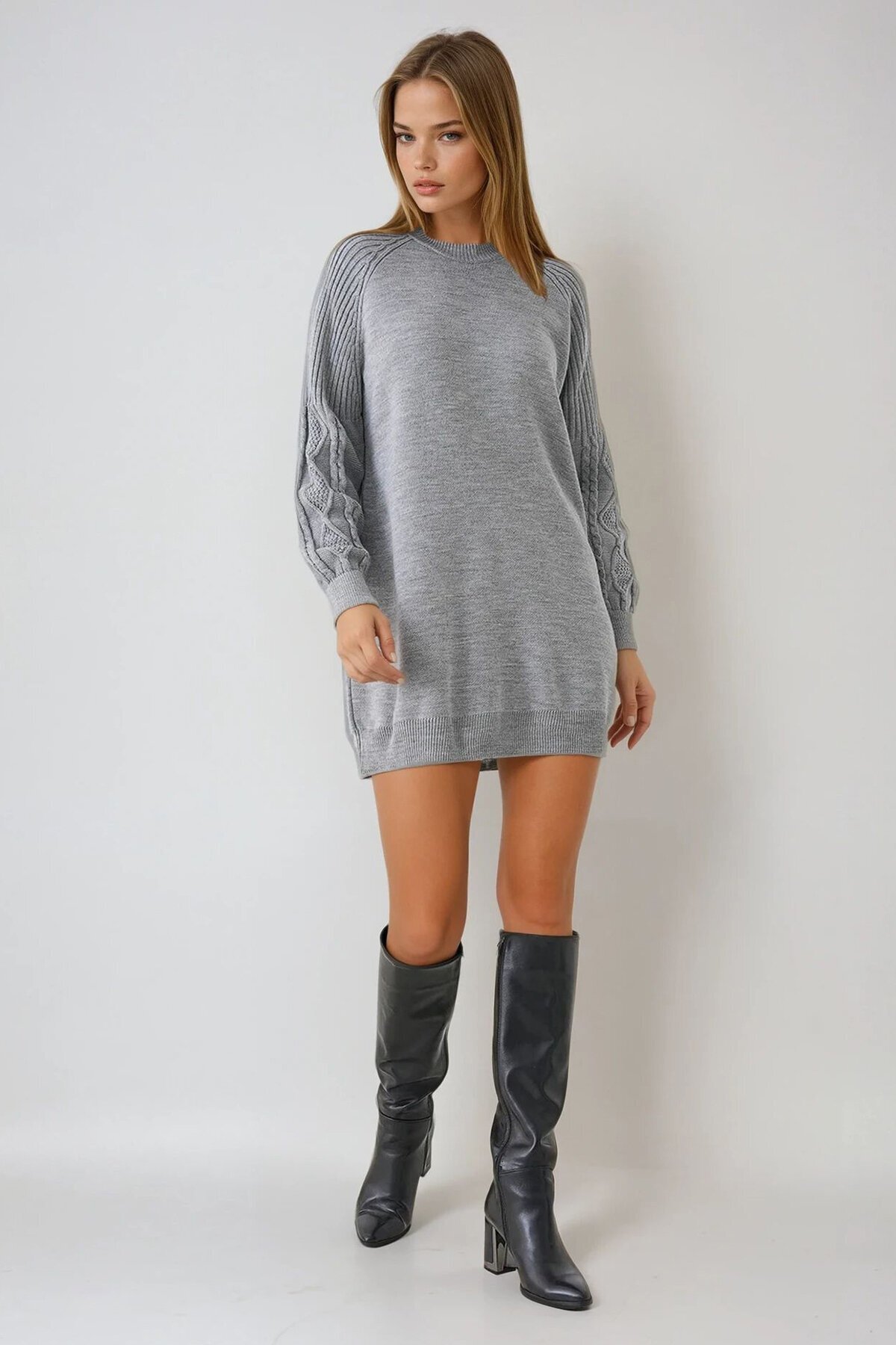 Örgü Detaylı Balon Kollu Triko Elbise