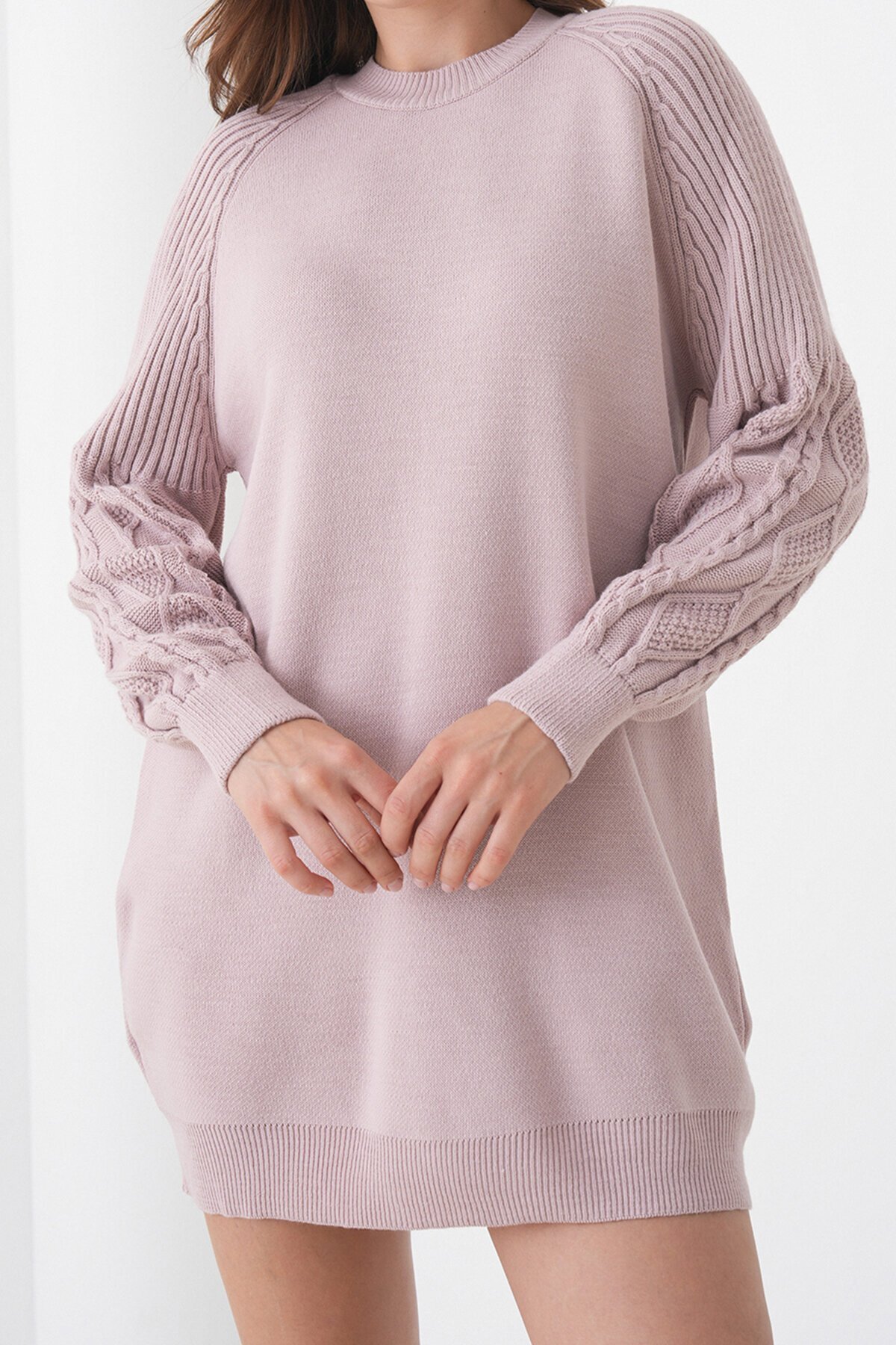 Örgü Detaylı Balon Kollu Triko Elbise