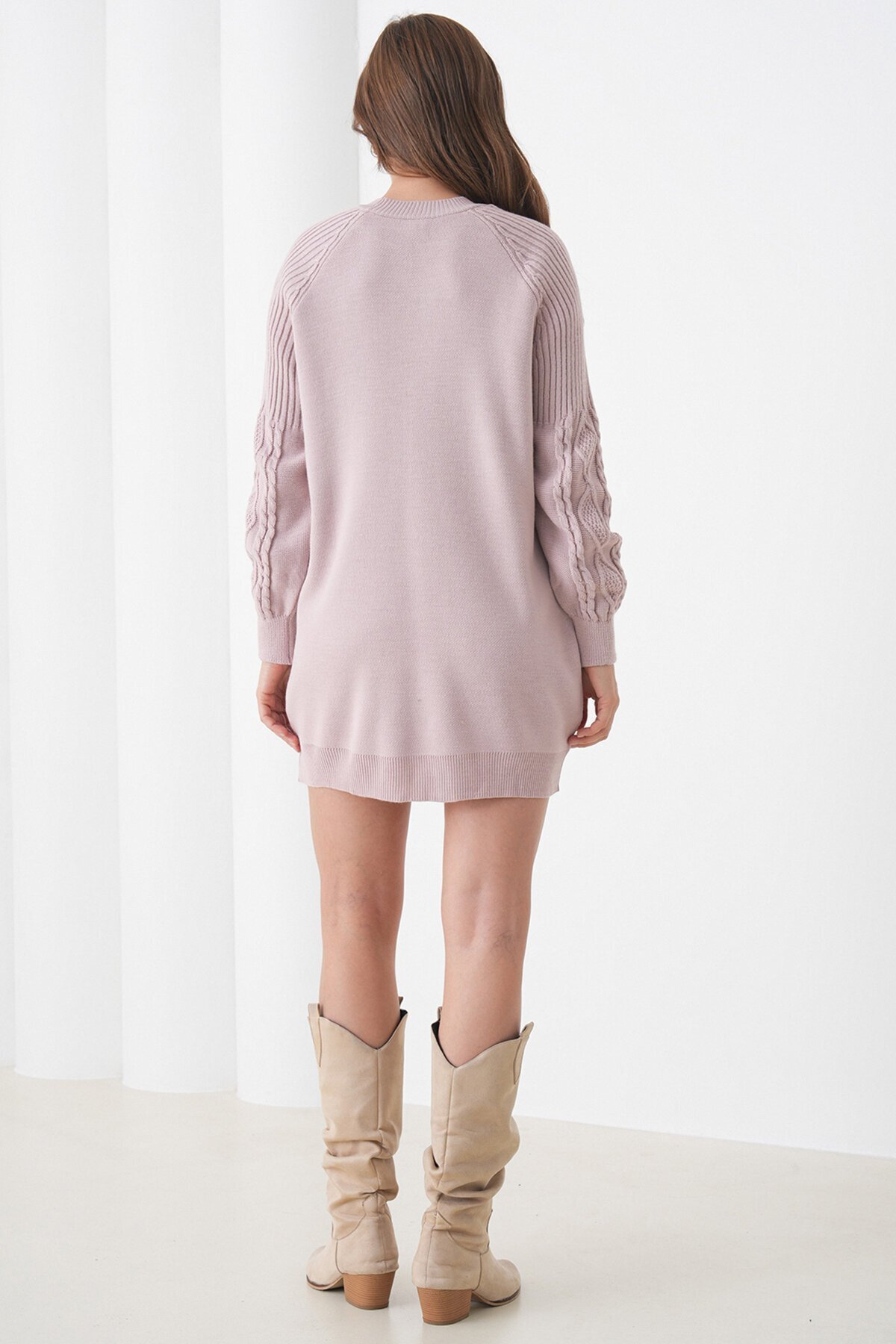 Örgü Detaylı Balon Kollu Triko Elbise