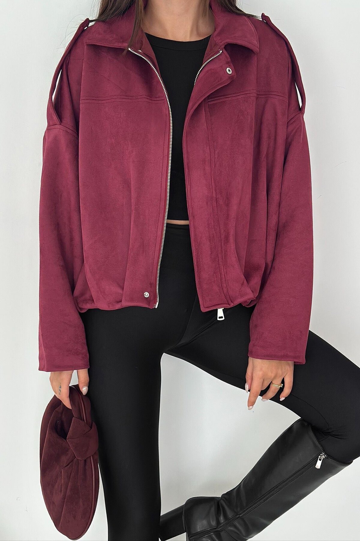 Oversize Süet Fermuarlı Ceket