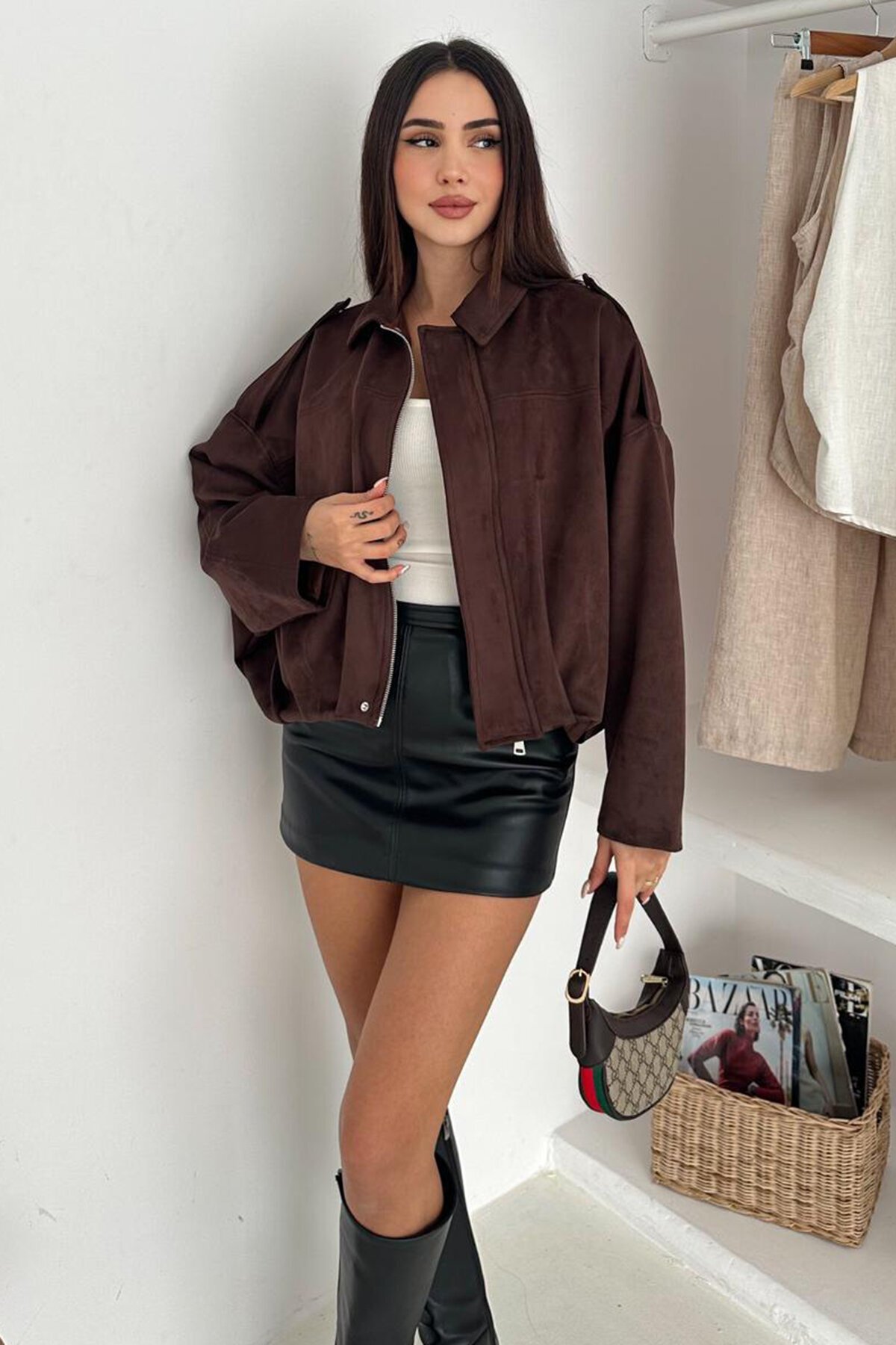 Oversize Süet Fermuarlı Ceket