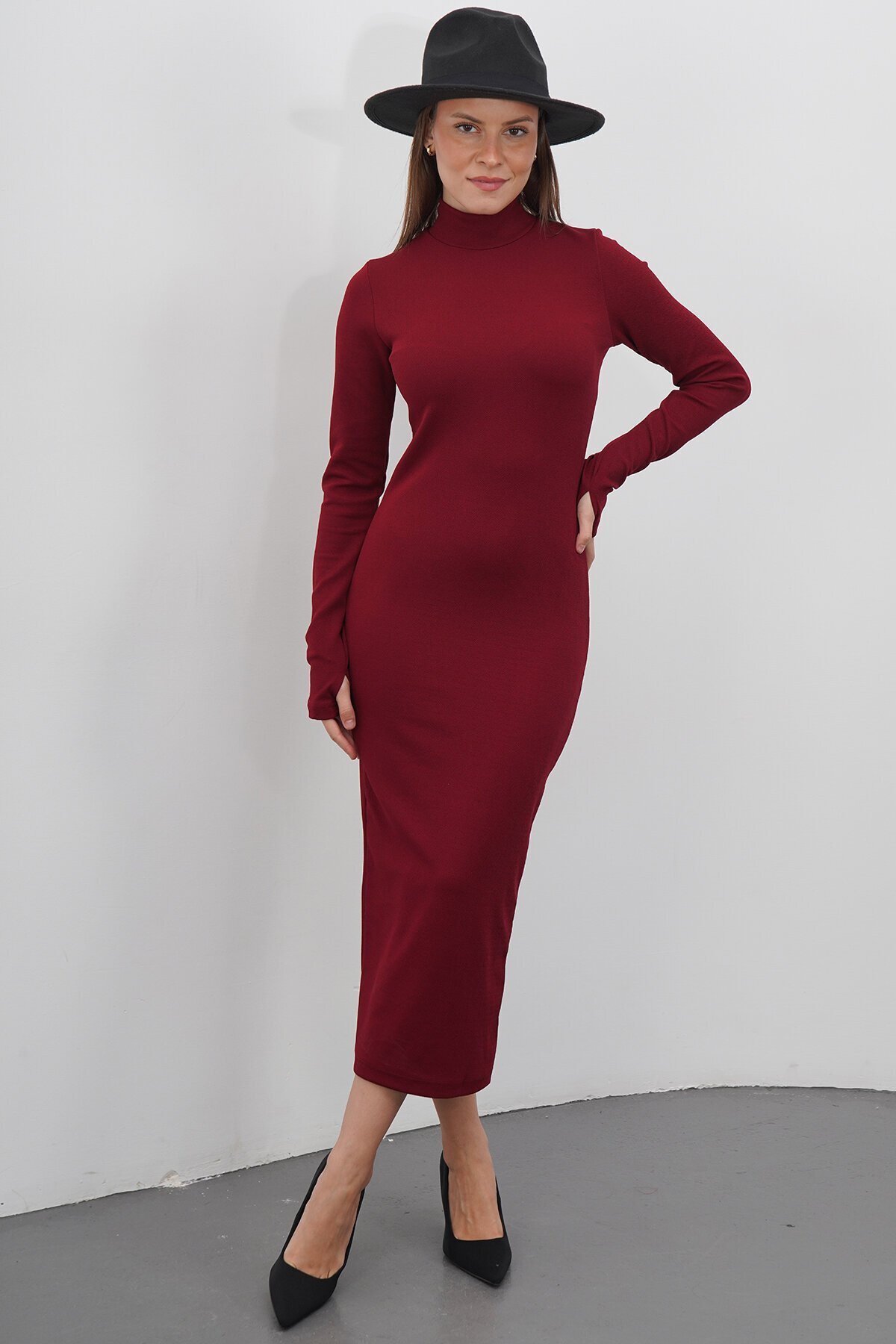 Parmak DEtaylı Balıkçı Yaka Midi Boy Elbise