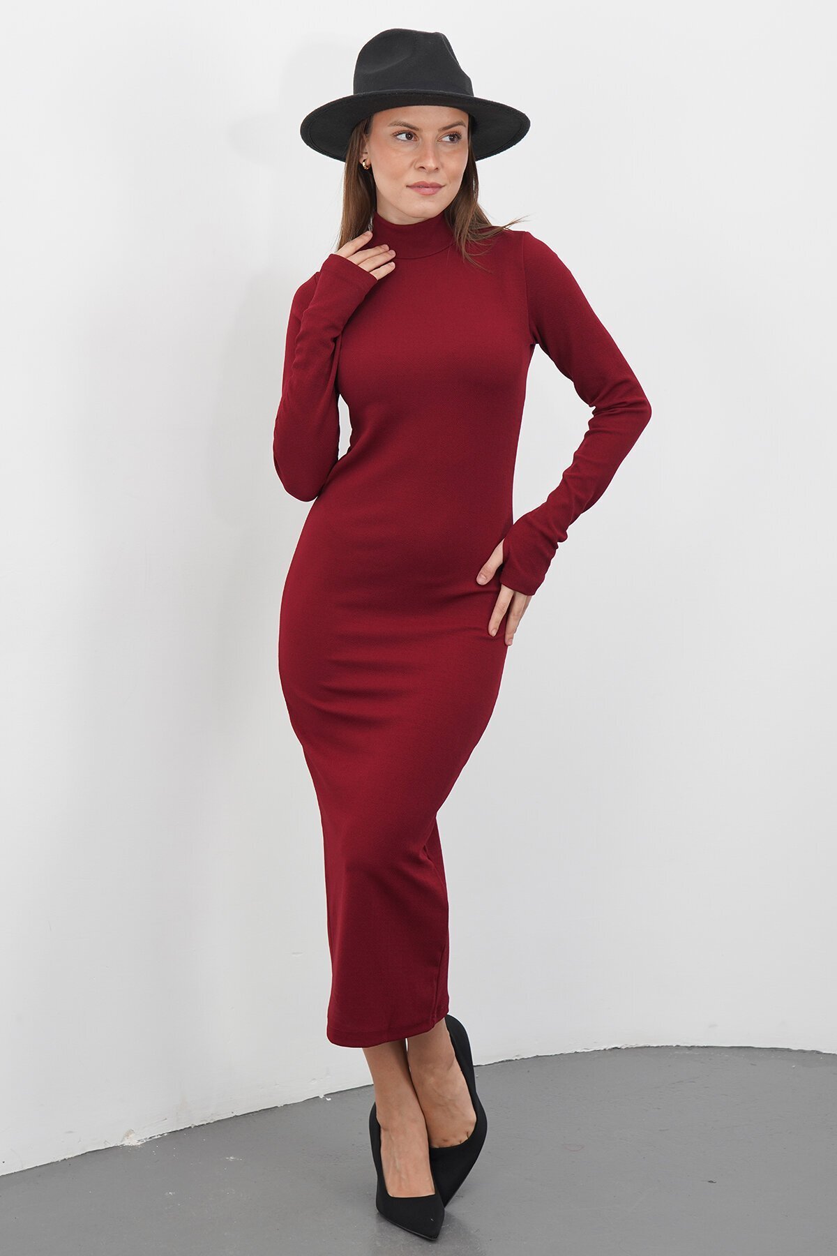 Parmak DEtaylı Balıkçı Yaka Midi Boy Elbise