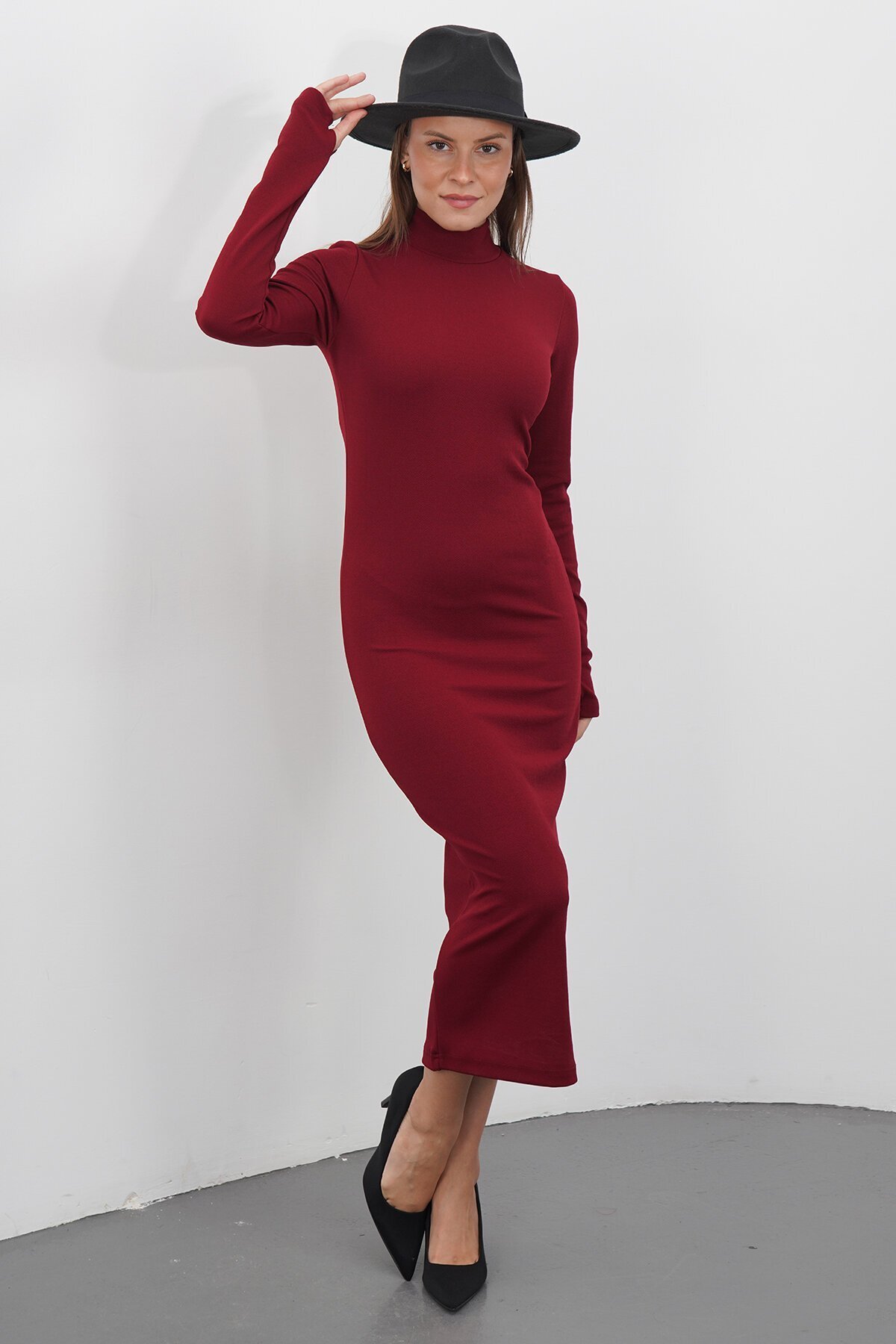 Parmak DEtaylı Balıkçı Yaka Midi Boy Elbise