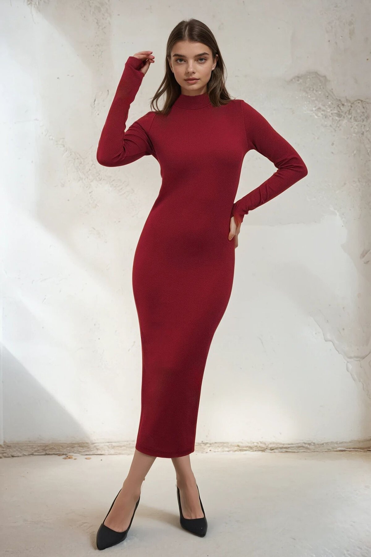 Parmak Detaylı Balıkçı Yaka Midi Boy Elbise