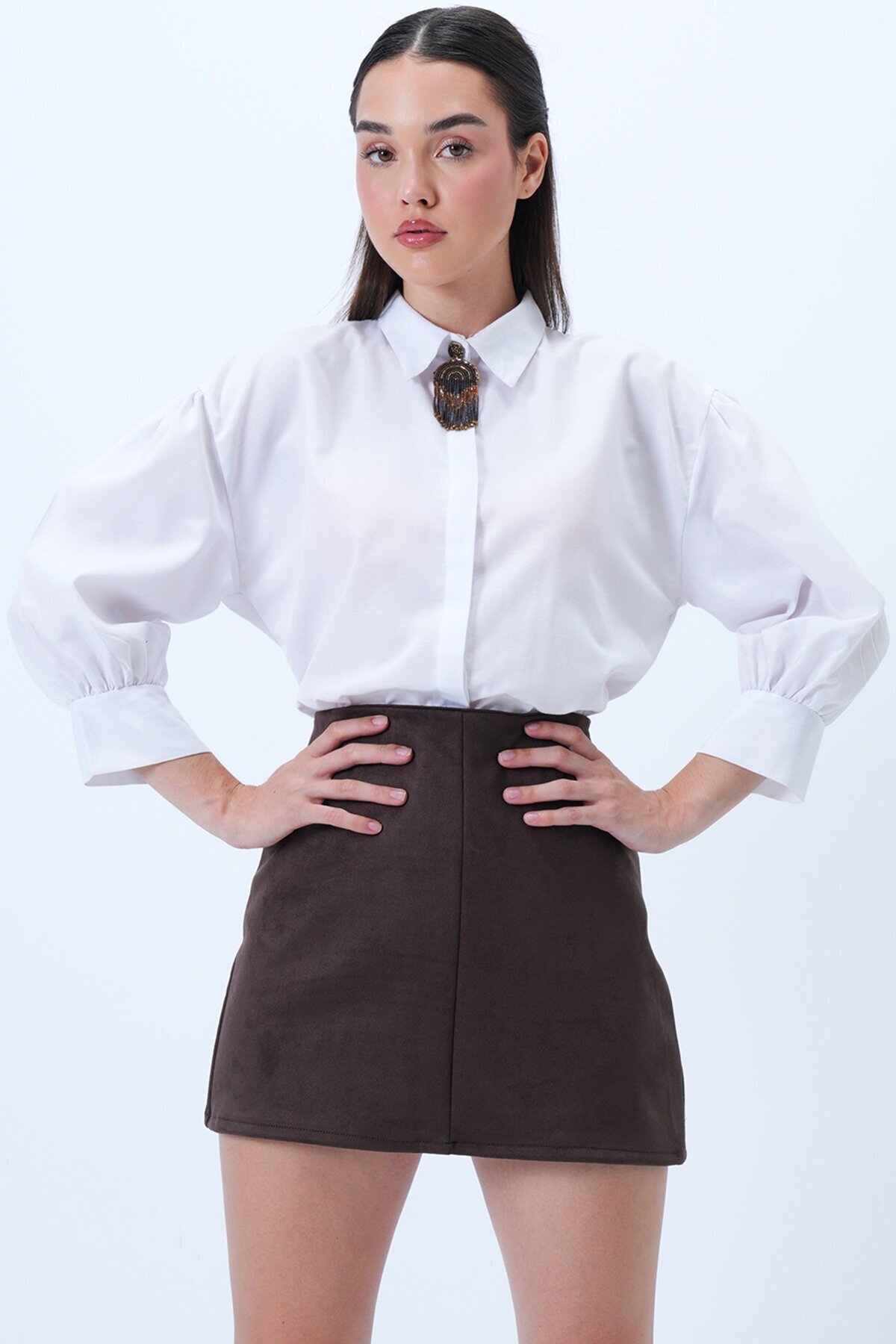 Pensli Gizli Fermuarlı Mini Süet Etek