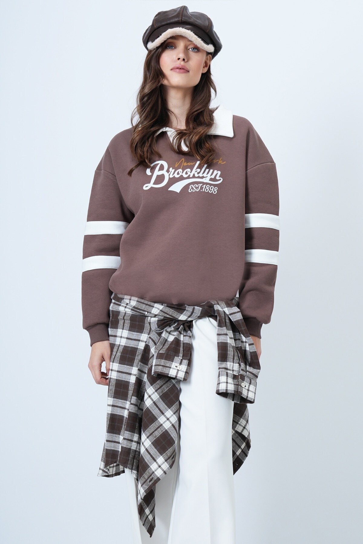 Polo Yaka 3 İplik Baskılı Oversize Sweatshirt