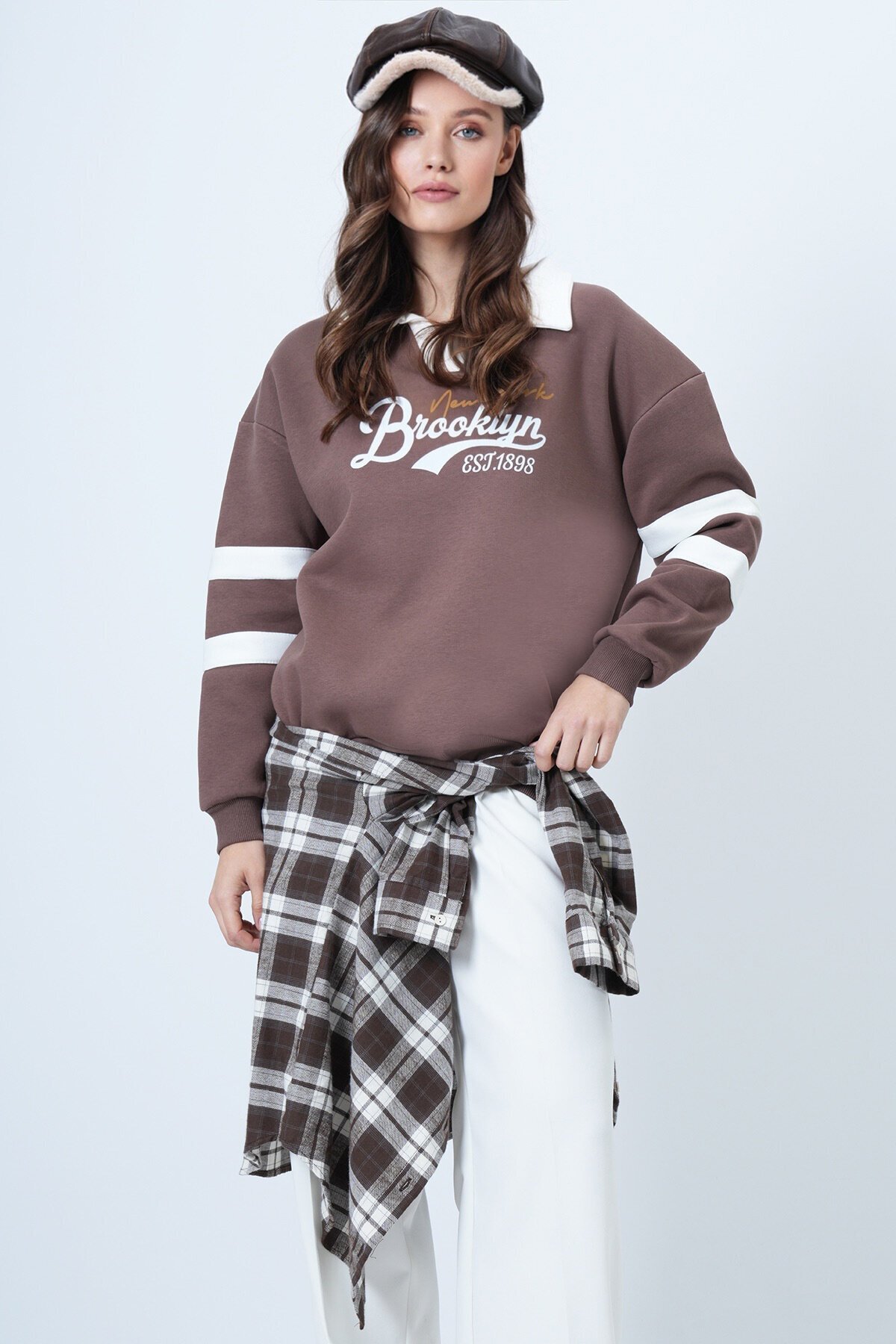 Polo Yaka 3 İplik Baskılı Oversize Sweatshirt