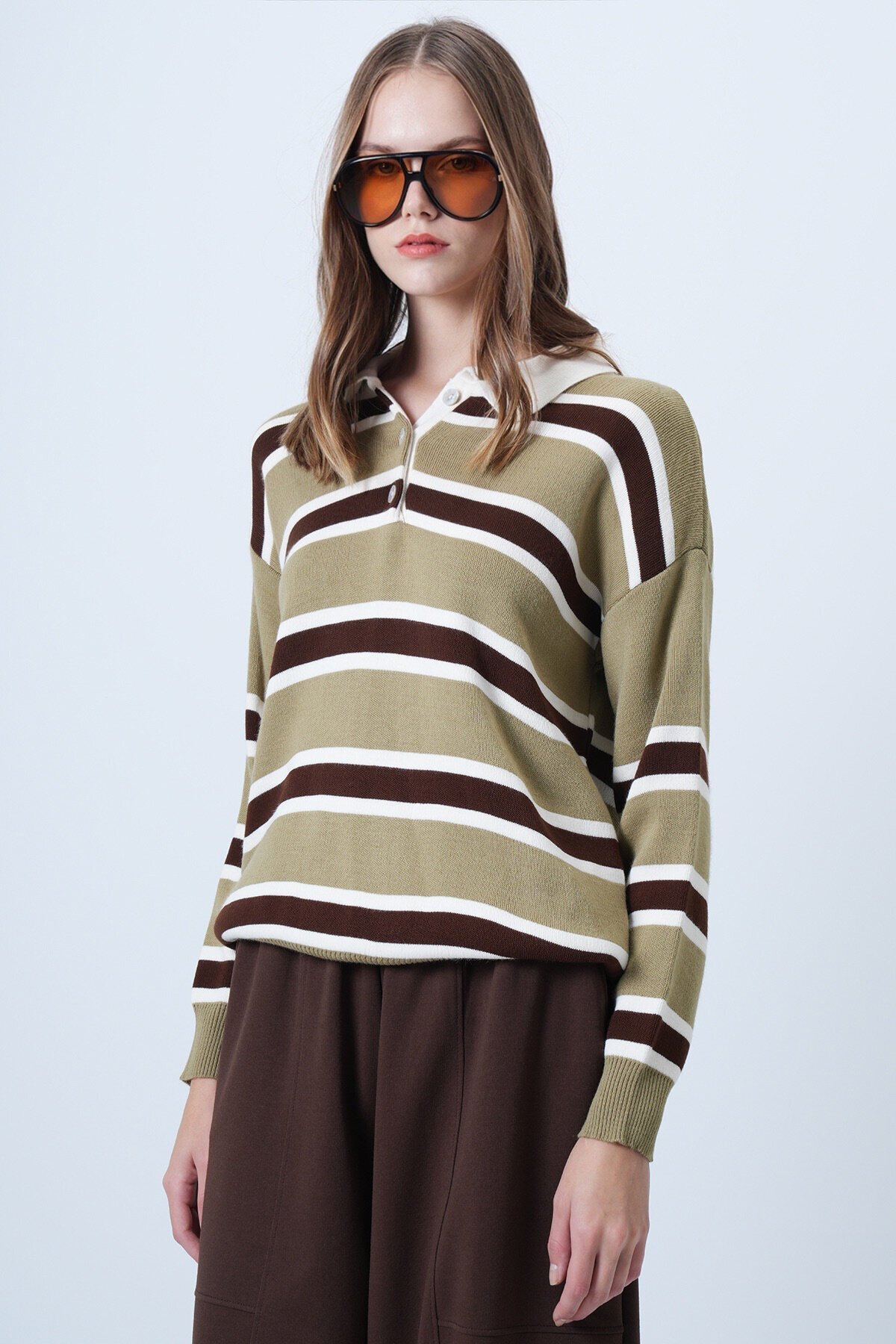 Polo Yaka Çizgili Triko Kazak