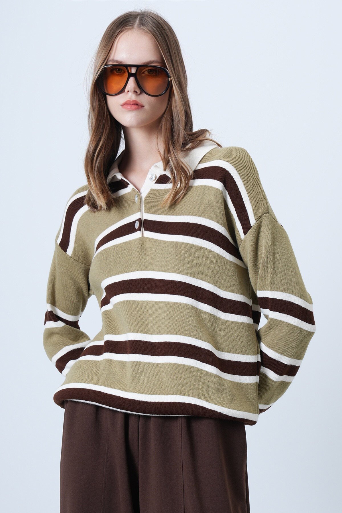 Polo Yaka Çizgili Triko Kazak