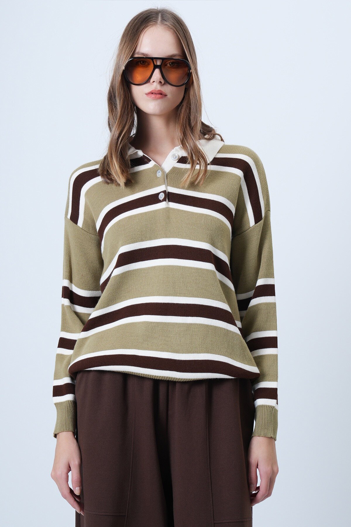 Polo Yaka Çizgili Triko Kazak