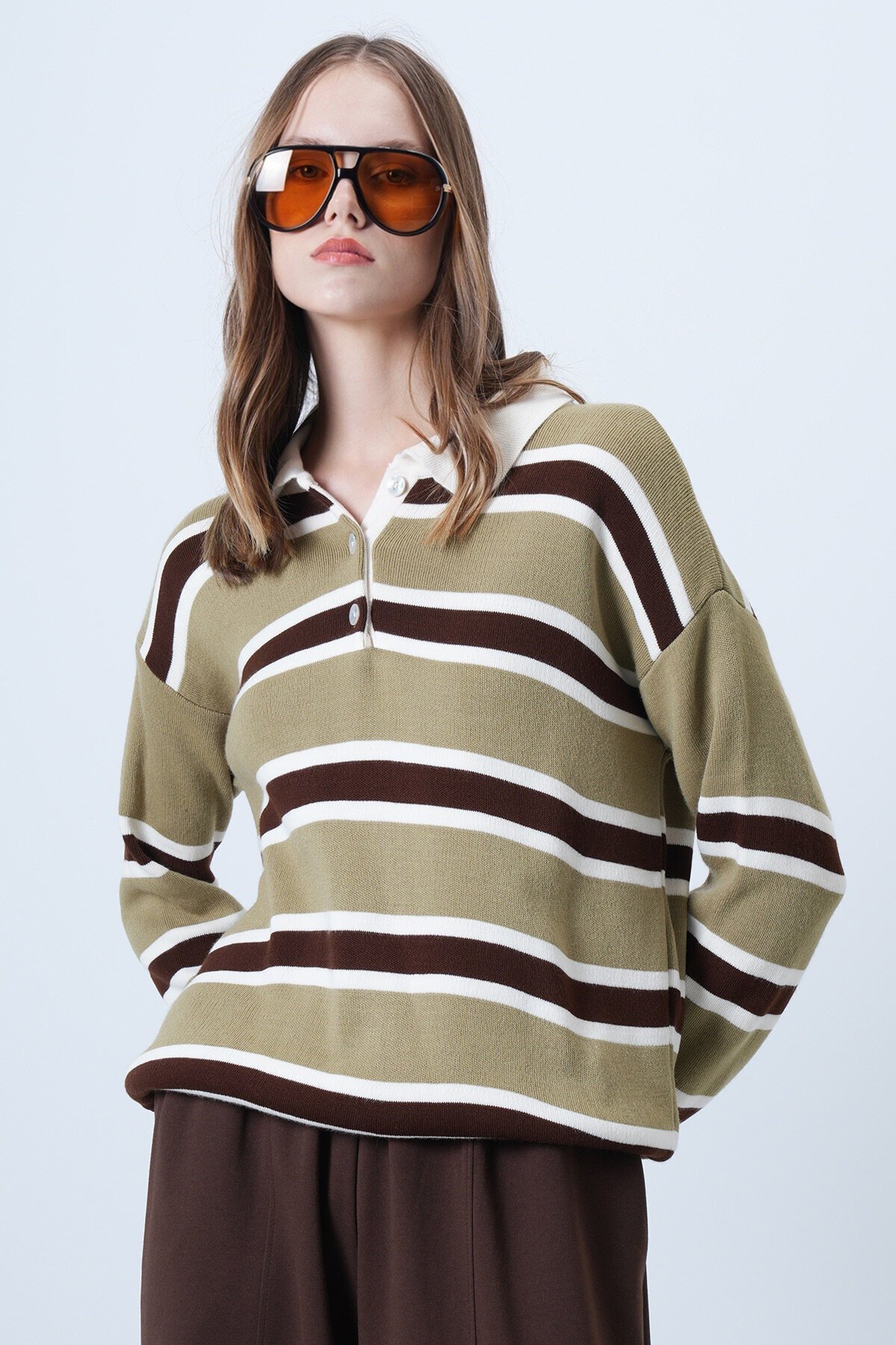 Polo Yaka Çizgili Triko Kazak