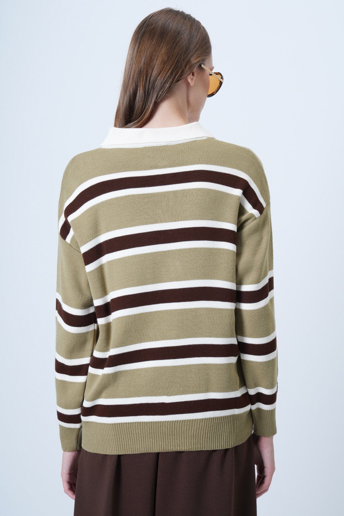 Polo Yaka Çizgili Triko Kazak