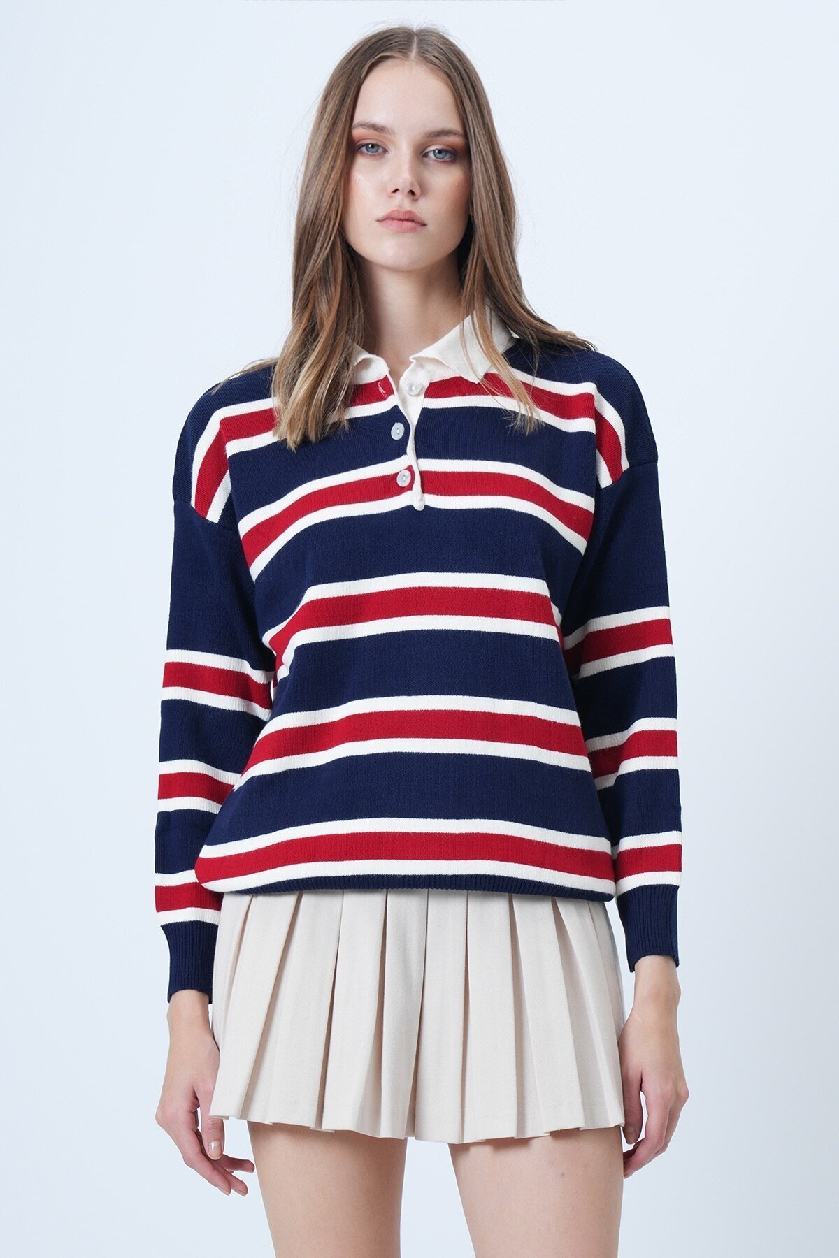 Polo Yaka Çizgili Triko Kazak