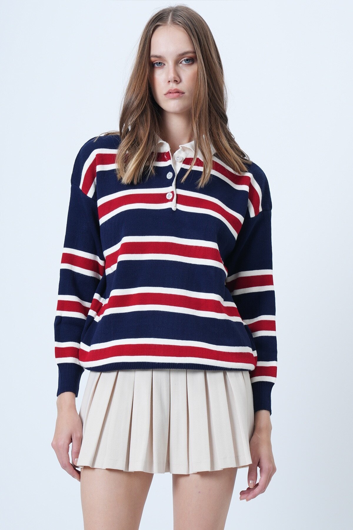 Polo Yaka Çizgili Triko Kazak