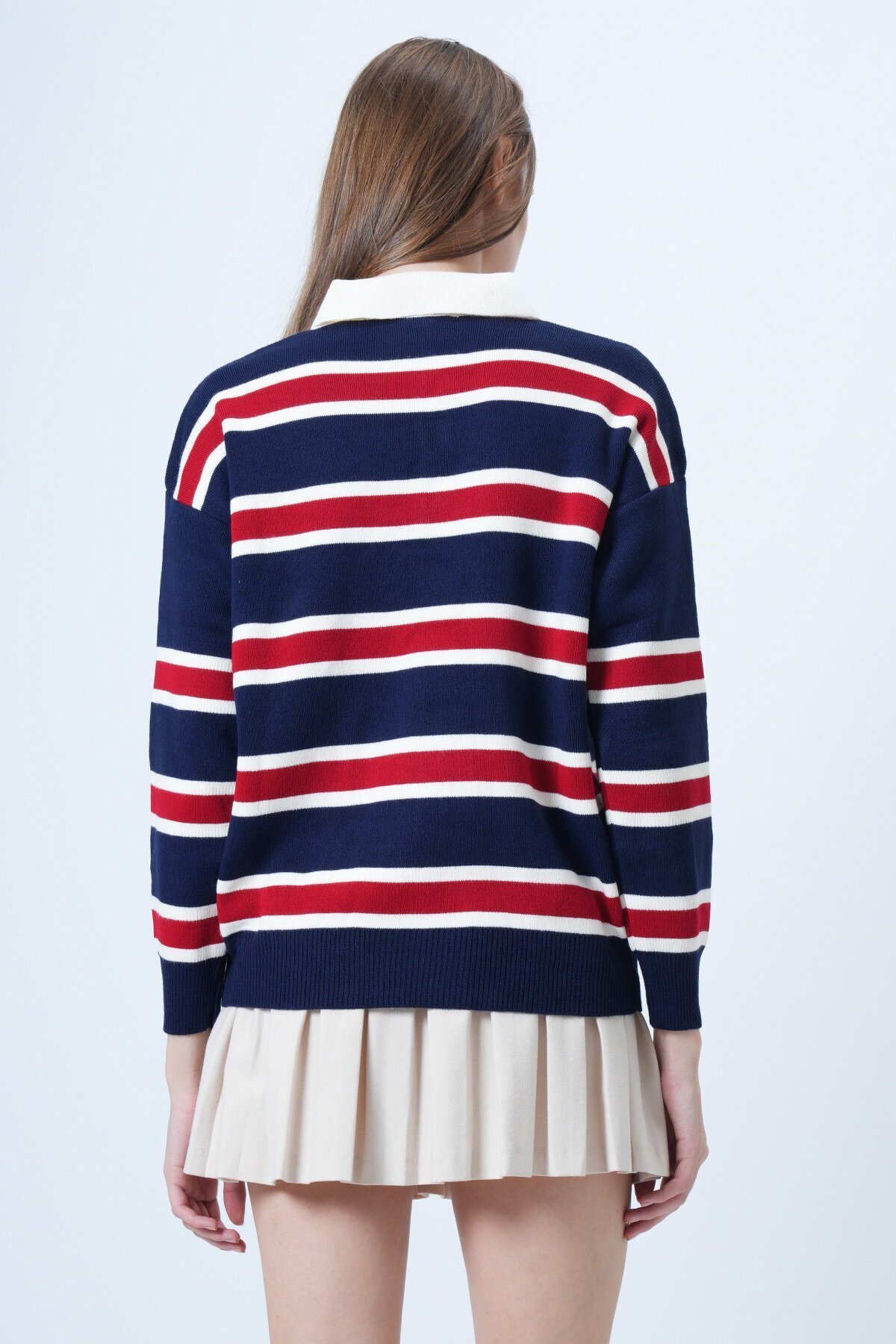 Polo Yaka Çizgili Triko Kazak