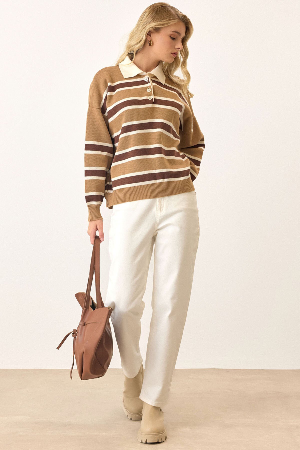 Polo Yaka Çizgili Triko Kazak