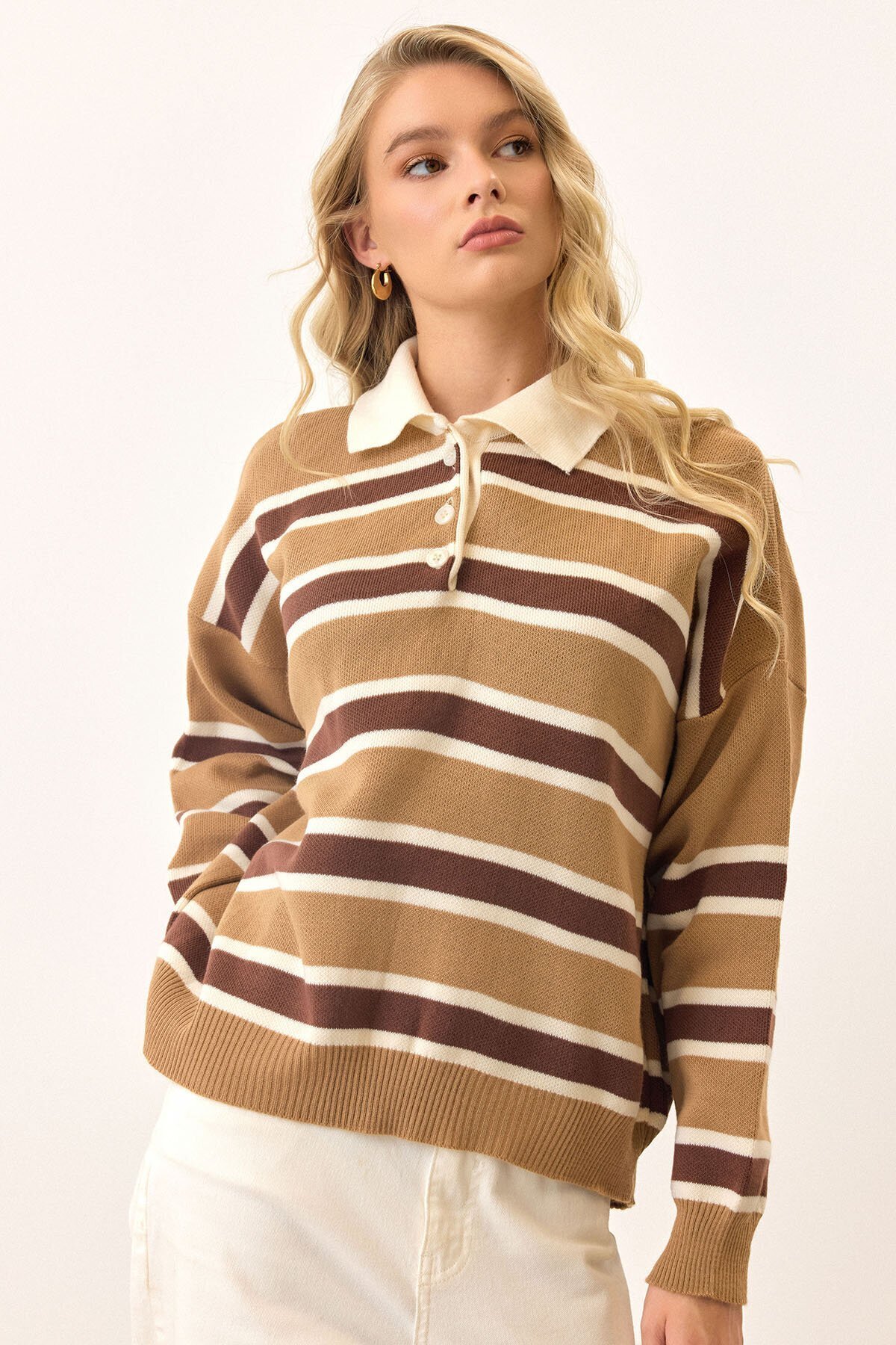 Polo Yaka Çizgili Triko Kazak