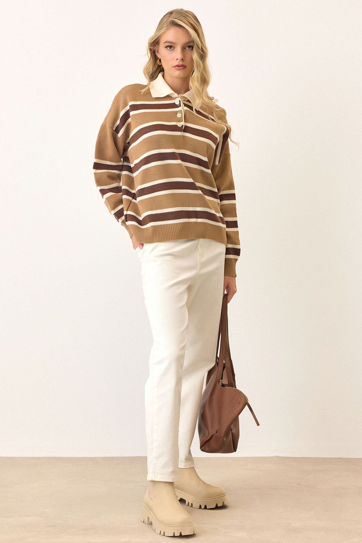 Polo Yaka Çizgili Triko Kazak