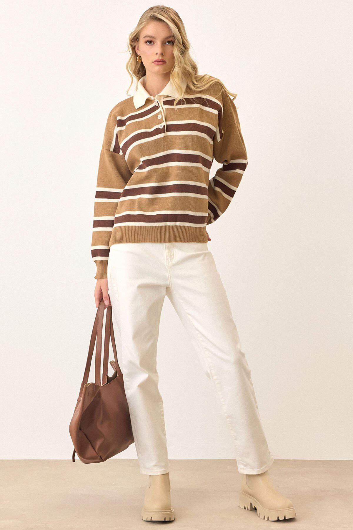 Polo Yaka Çizgili Triko Kazak