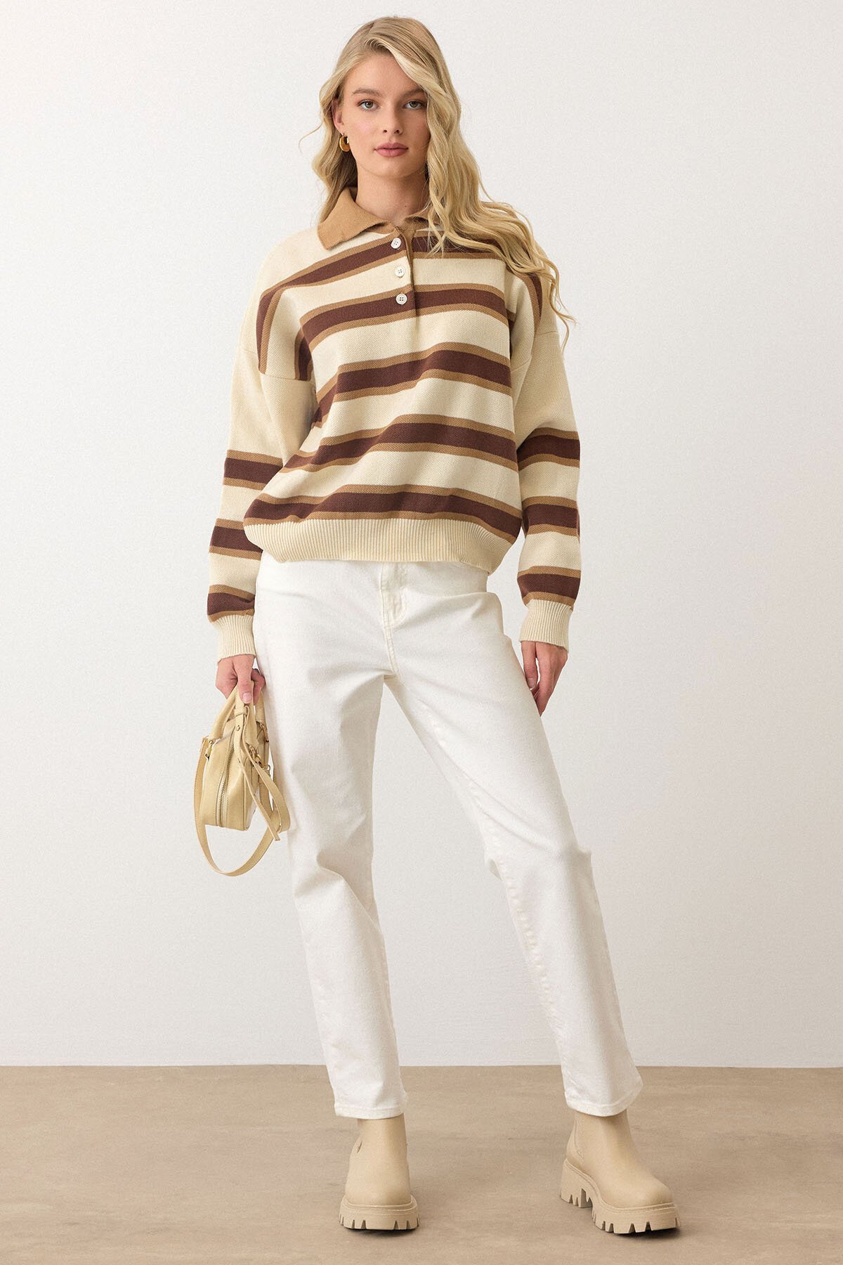 Polo Yaka Çizgili Triko Kazak