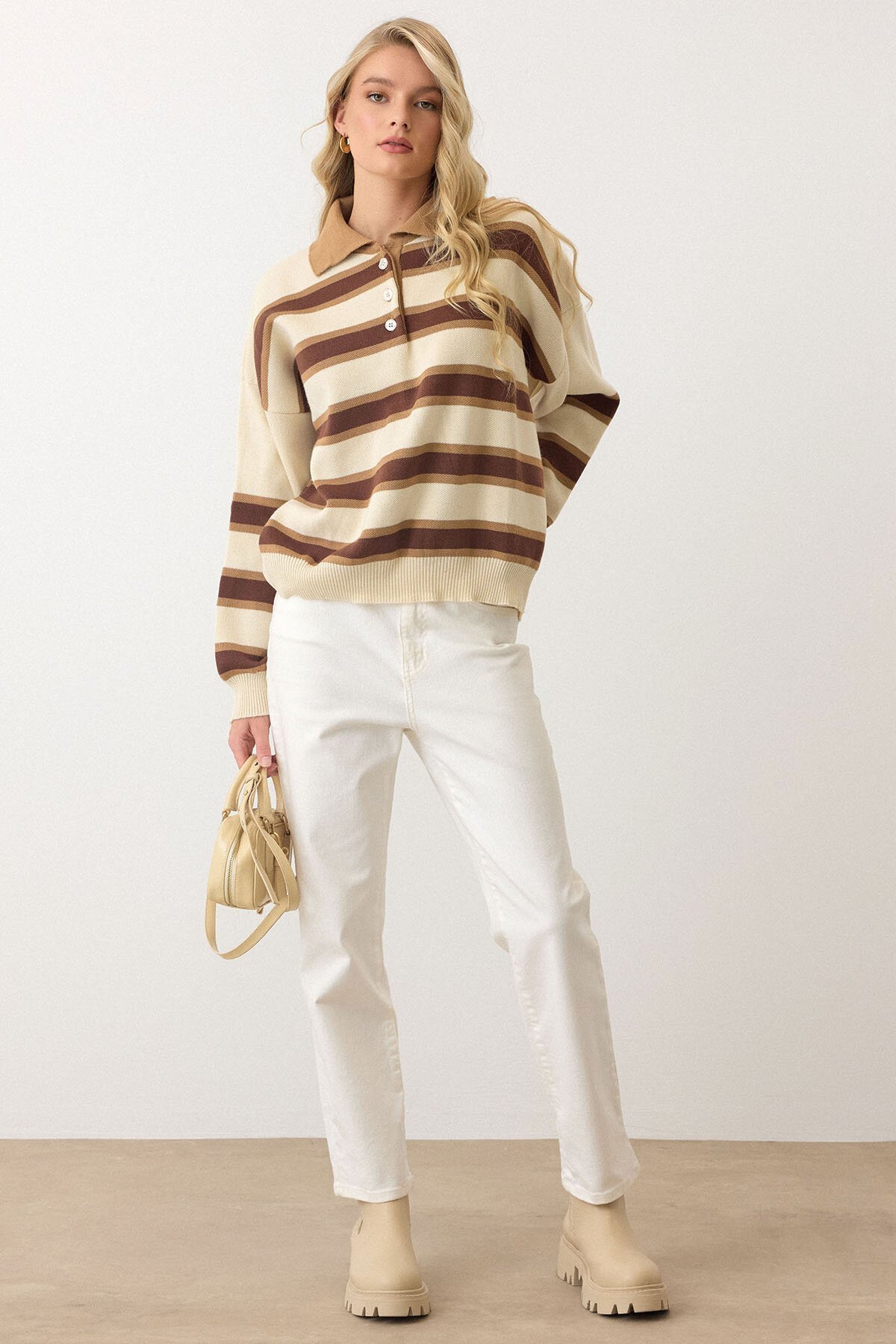 Polo Yaka Çizgili Triko Kazak