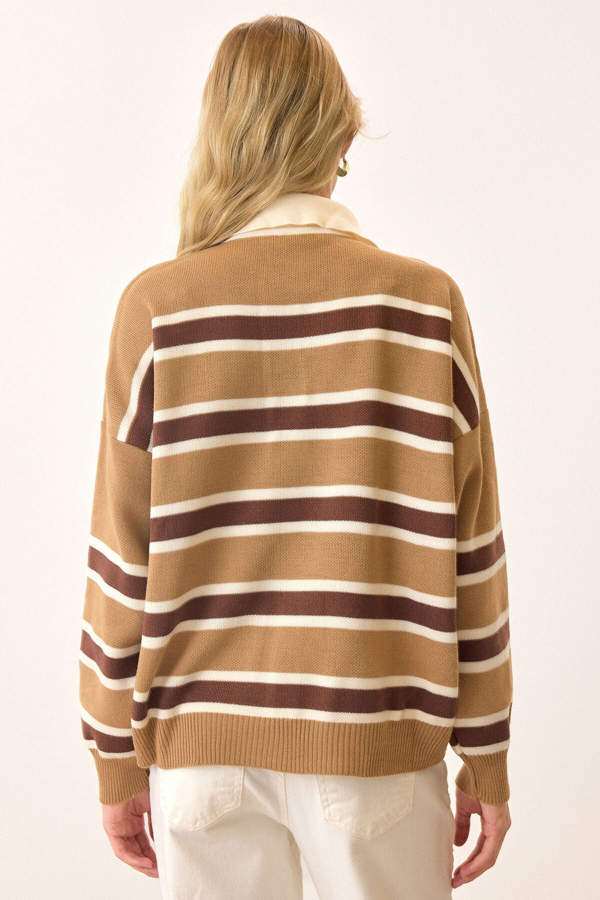 Polo Yaka Çizgili Triko Kazak