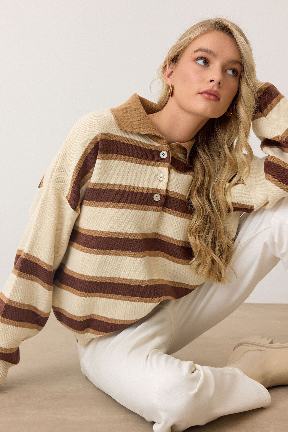 Polo Yaka Çizgili Triko Kazak