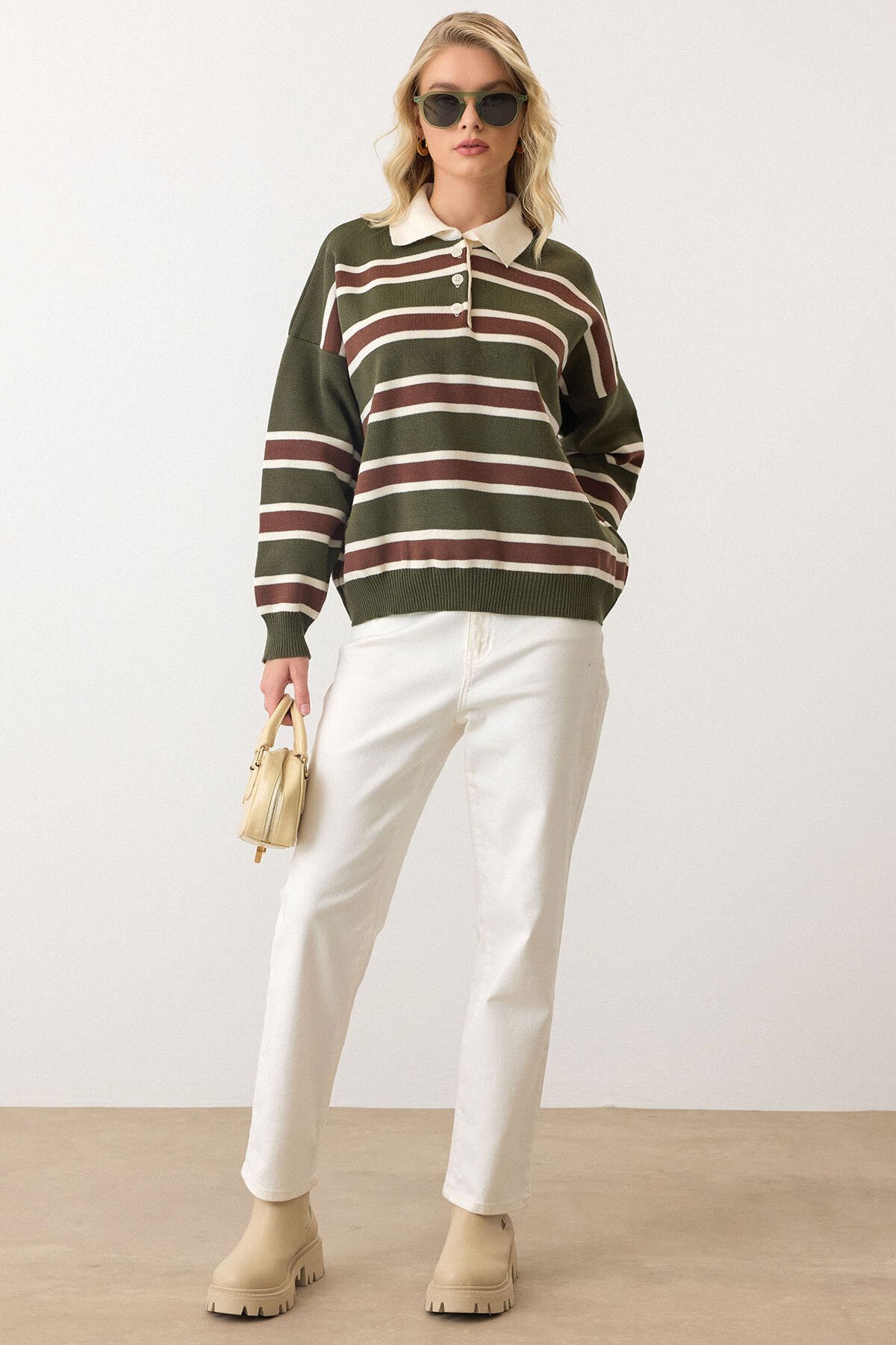 Polo Yaka Çizgili Triko Kazak