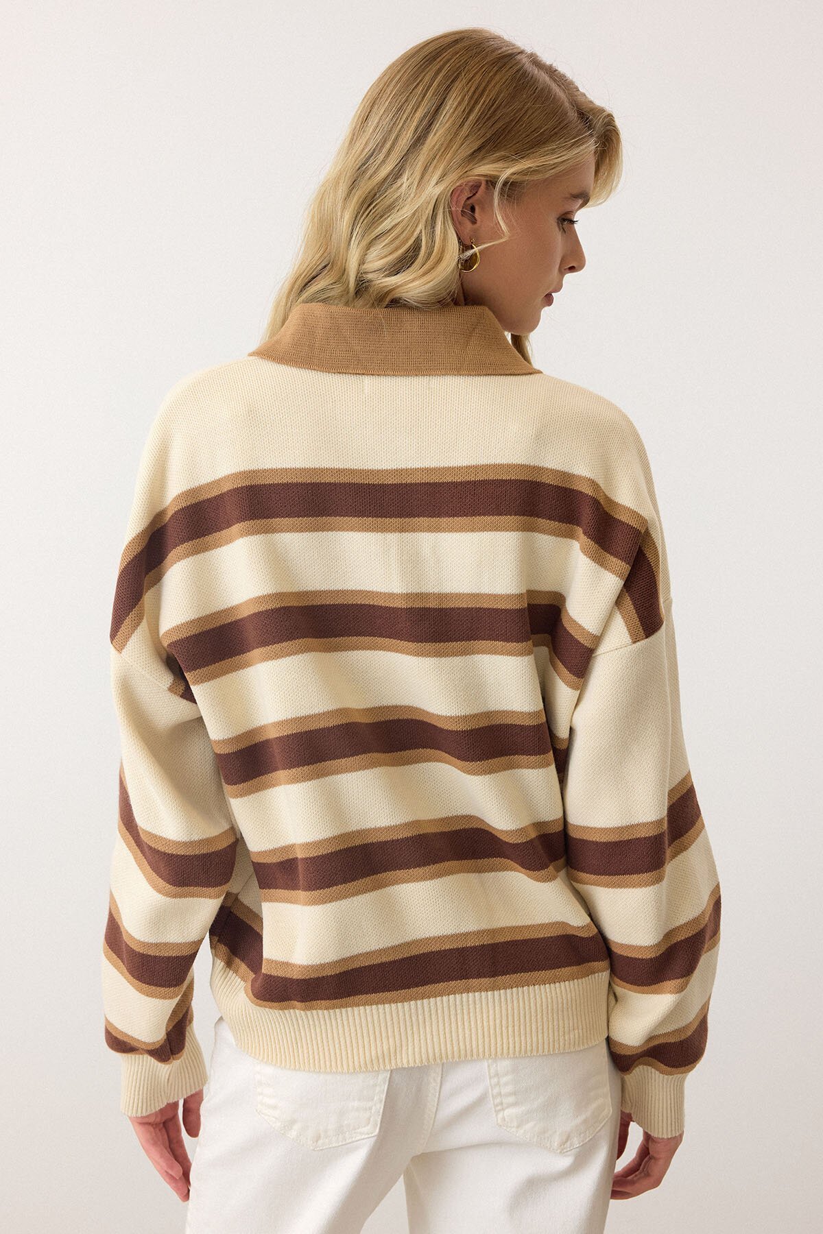 Polo Yaka Çizgili Triko Kazak