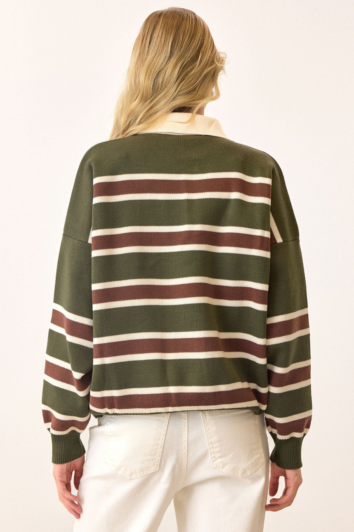 Polo Yaka Çizgili Triko Kazak